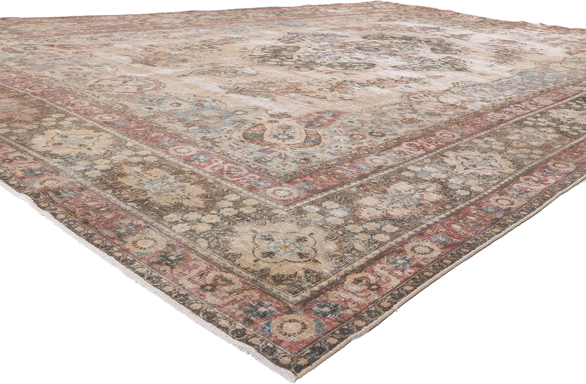 61259 Antique-Worn Persian Mashhad Rug, 10'06 x 16'02.
Weathered finesse meets Belgian chic in this hand knotted wool antique Persian Mashhad rug. The faded floral design and colors woven into this piece work together creating a rustic yet refined
