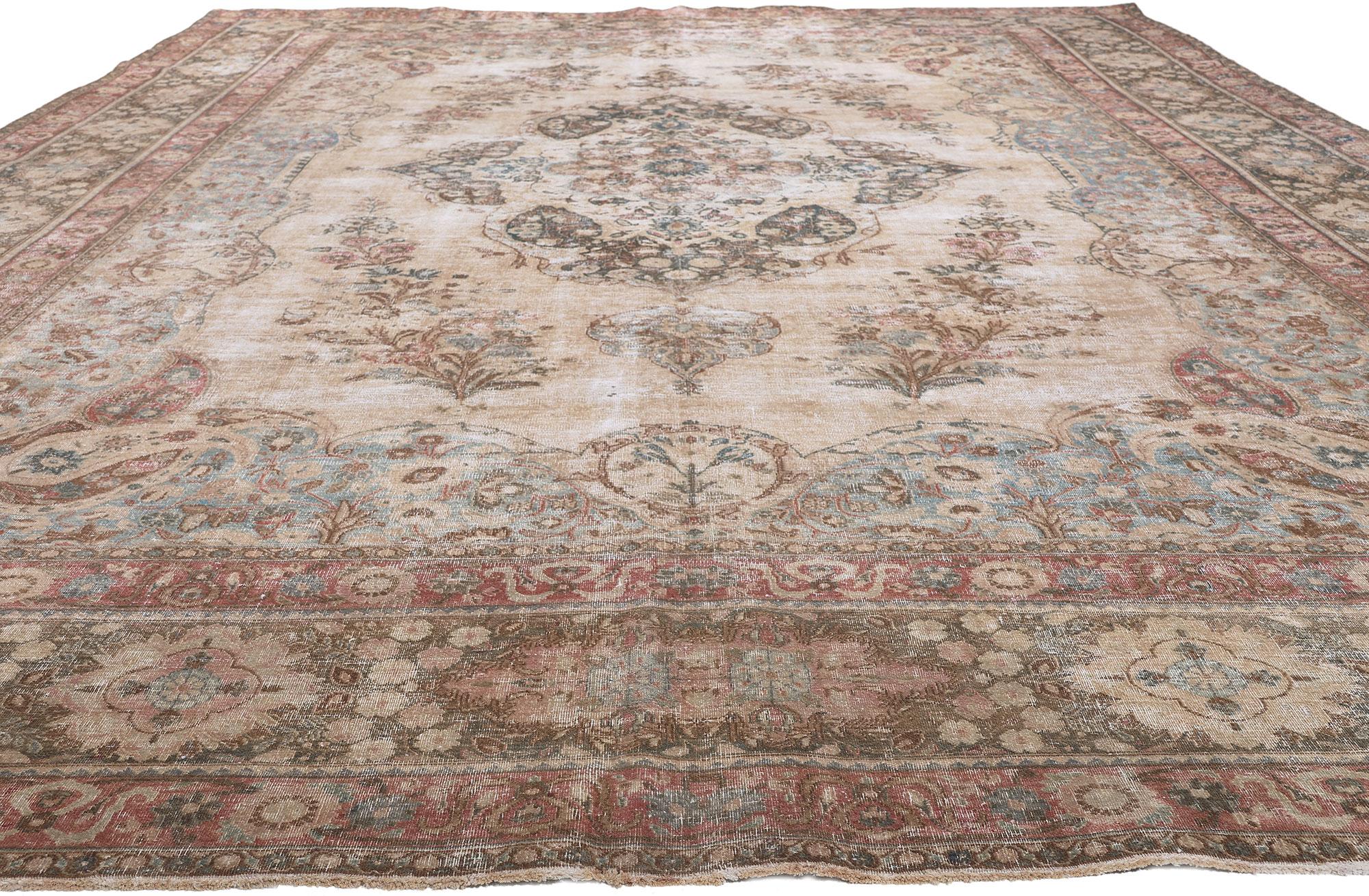 Kashan Antique-Worn Persian Mashhad Rug, Weathered Finesse Meets Belgian Chic For Sale