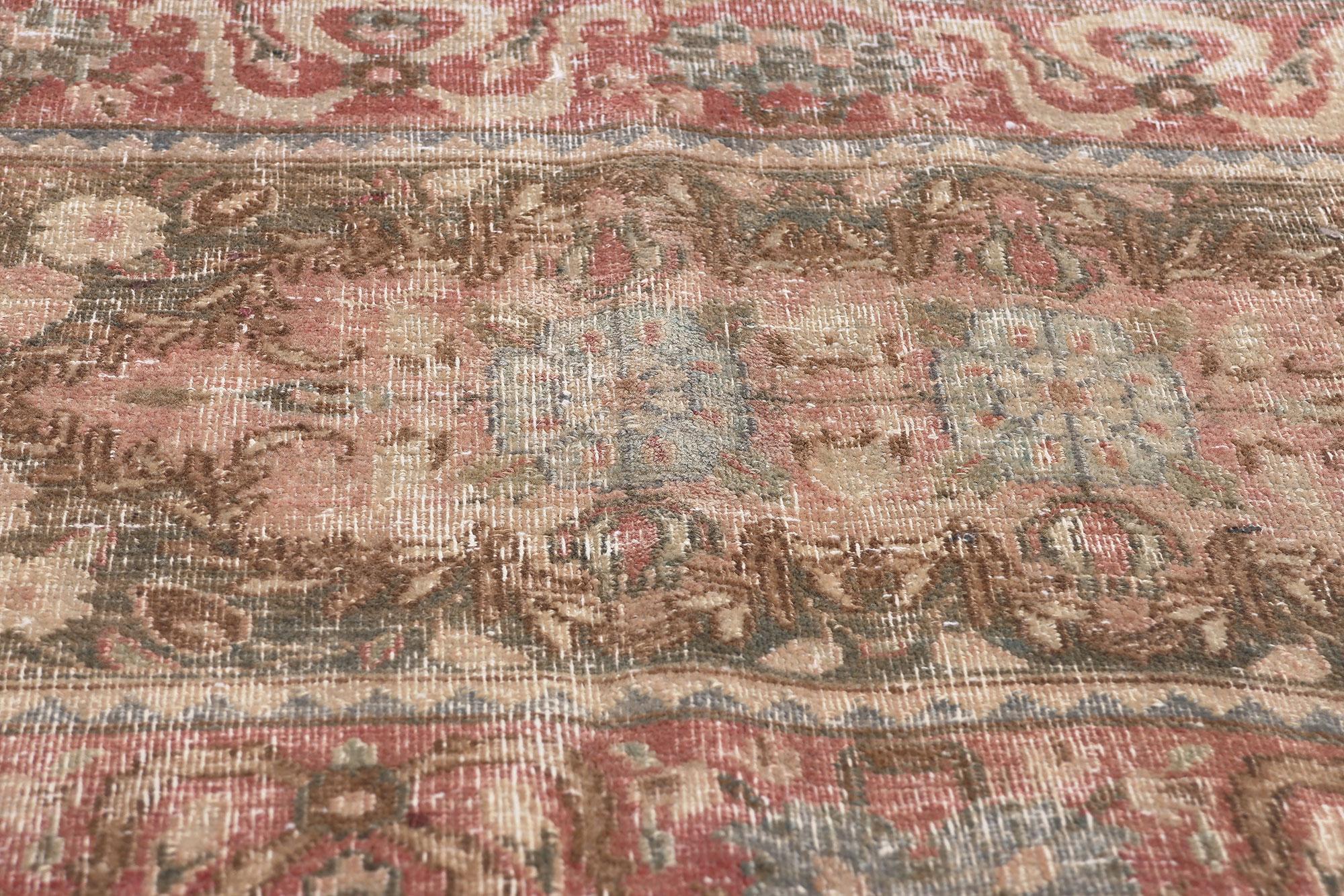 Antique-Worn Persian Mashhad Rug, Weathered Finesse Meets Belgian Chic In Distressed Condition For Sale In Dallas, TX