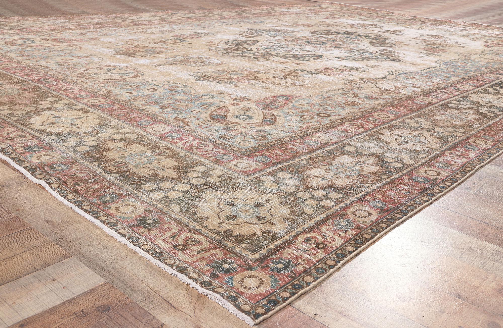 Wool Antique-Worn Persian Mashhad Rug, Weathered Finesse Meets Belgian Chic For Sale