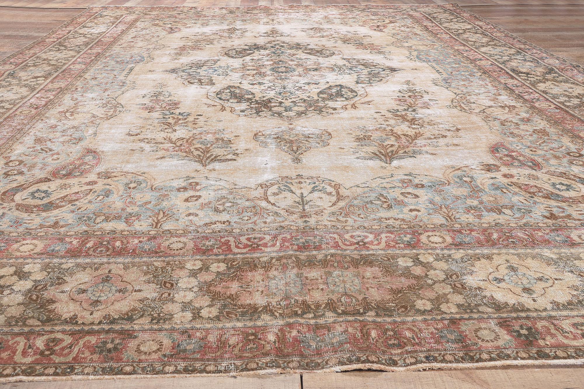 Antique-Worn Persian Mashhad Rug, Weathered Finesse Meets Belgian Chic For Sale 1
