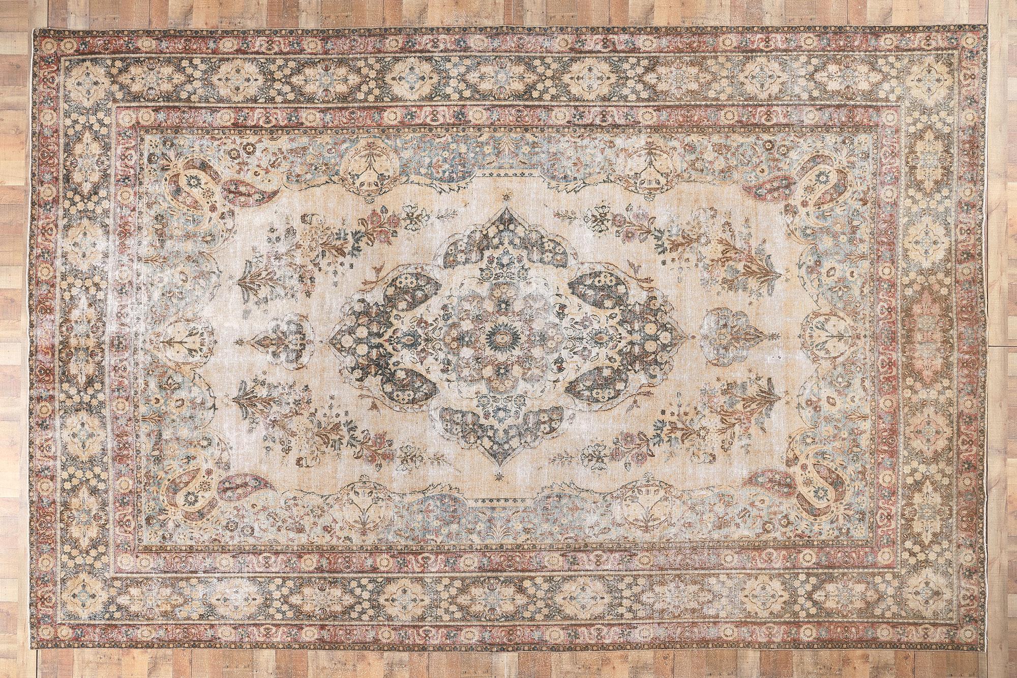Antique-Worn Persian Mashhad Rug, Weathered Finesse Meets Belgian Chic For Sale 2
