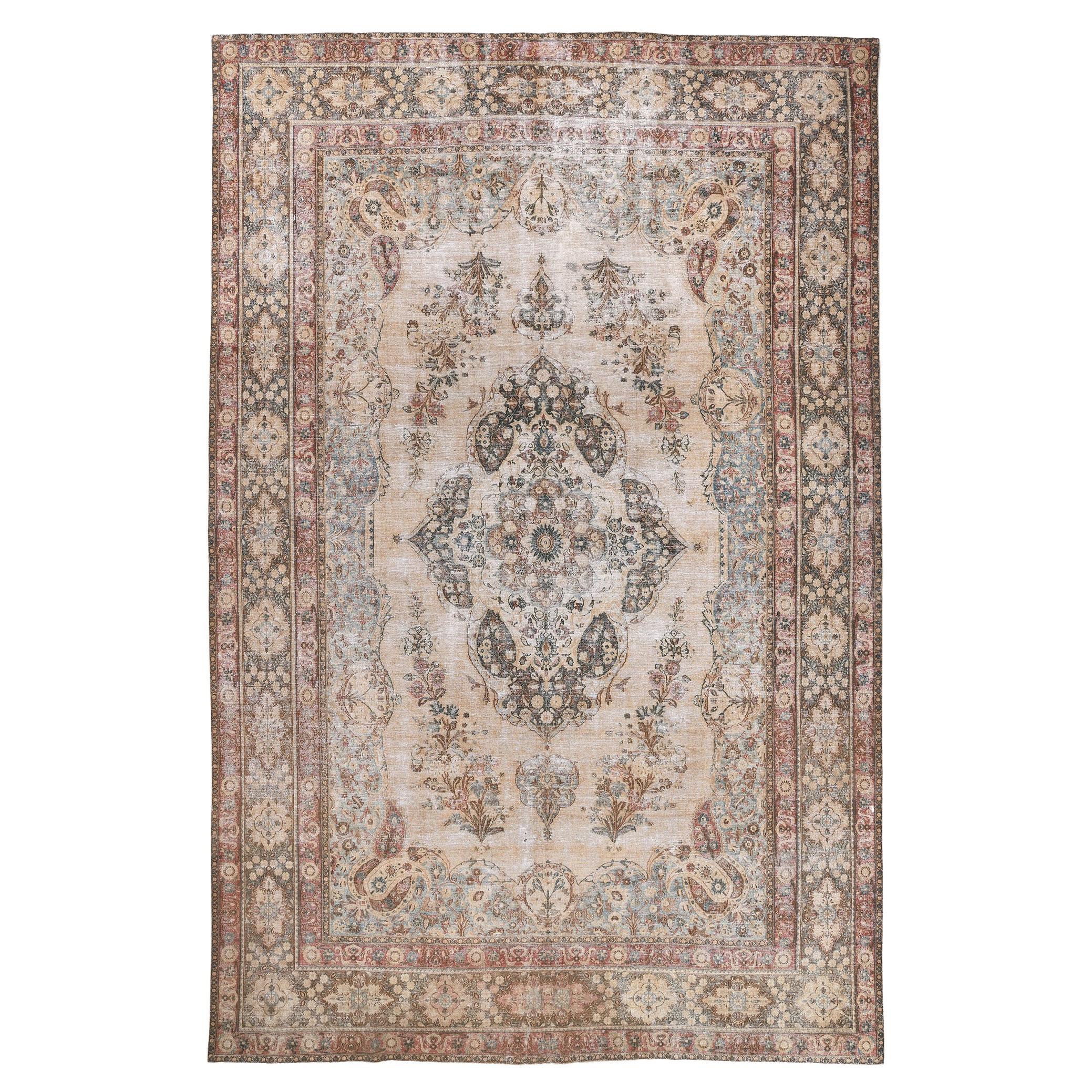 Antique-Worn Persian Mashhad Rug, Weathered Finesse Meets Belgian Chic For Sale