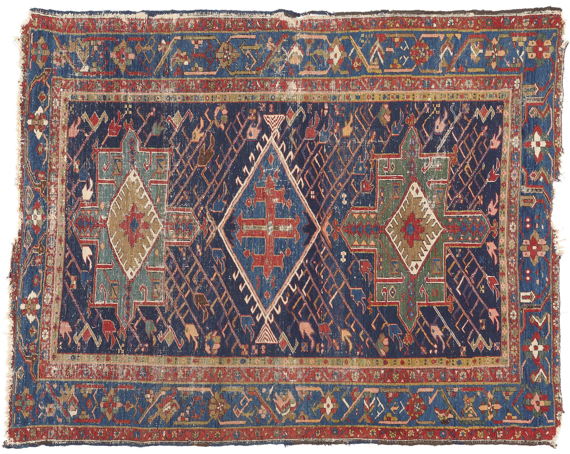 Antique Worn Persian Serapi Rug, Rugged Beauty Meets Modern Masculine For Sale 4