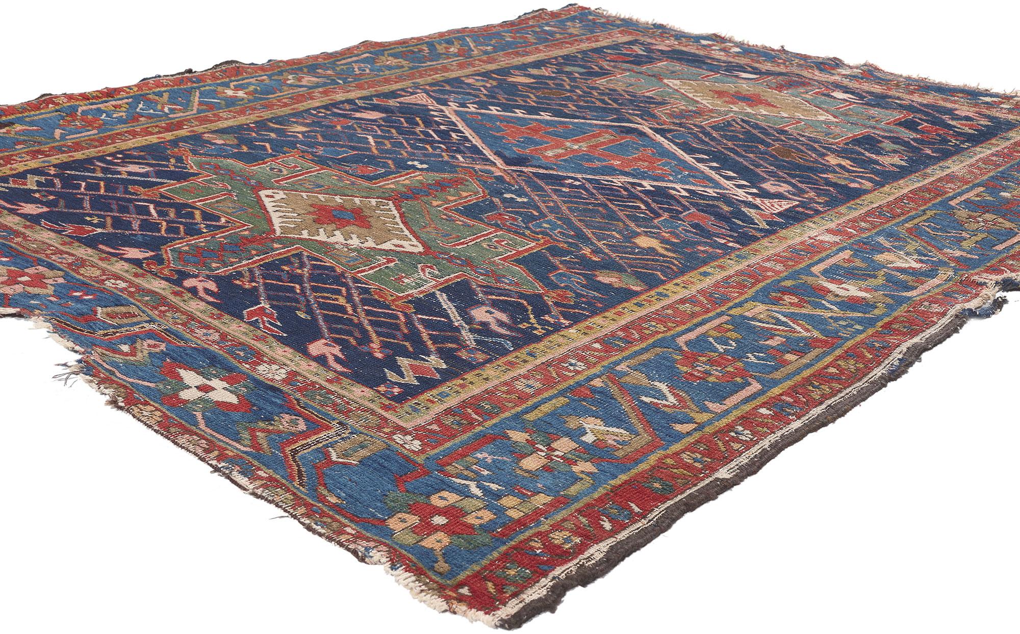 78541 Disressed Antique Persian Serapi Rug, 05'00 x 06'01.
Rugged beauty meets modern masculine in this weathered antique Persian Serapi rug. The Caucasus tribal design and antique worn colors woven into this piece work together creating a deeply