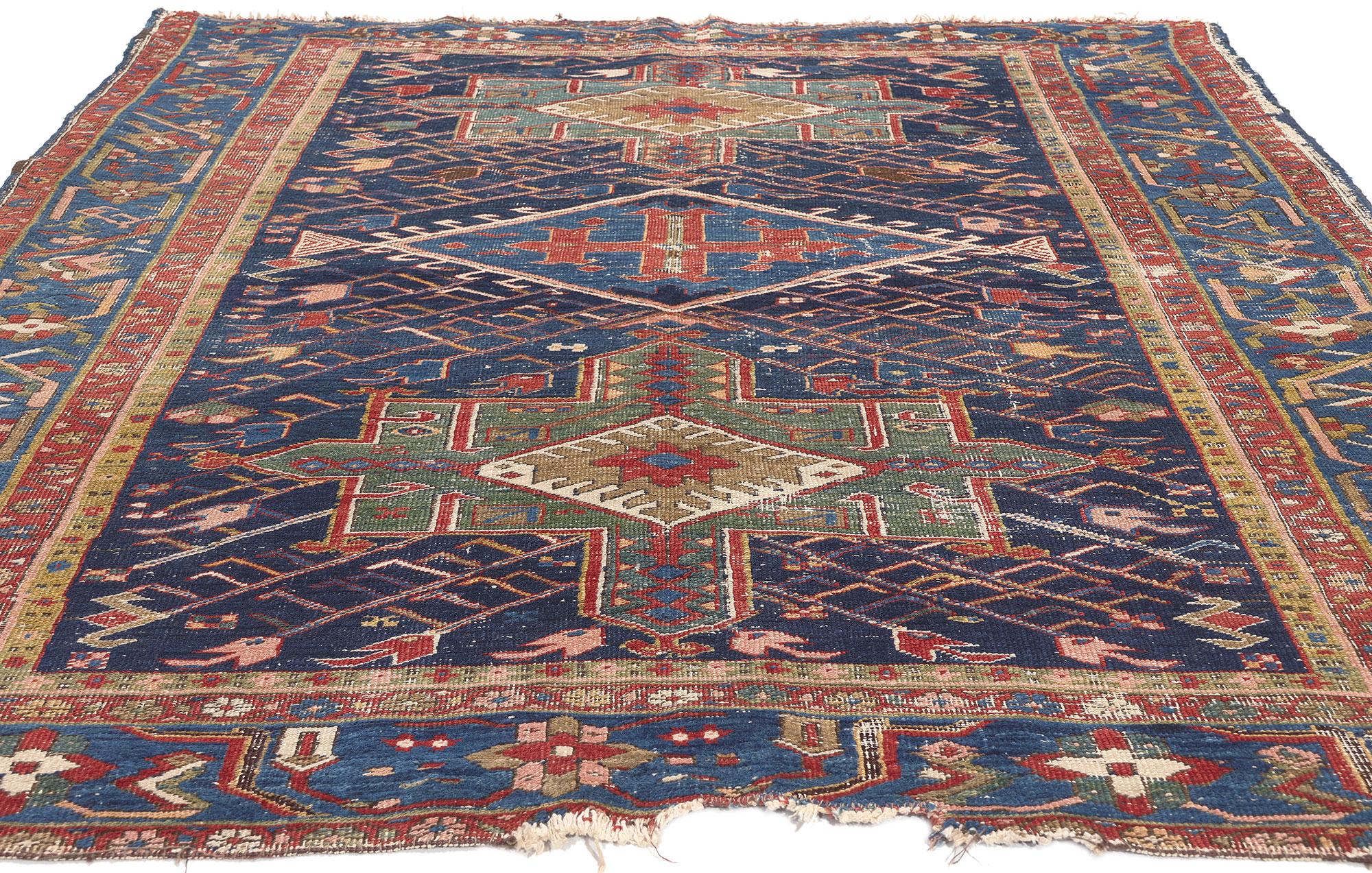 Hand-Knotted Antique Worn Persian Serapi Rug, Rugged Beauty Meets Modern Masculine For Sale