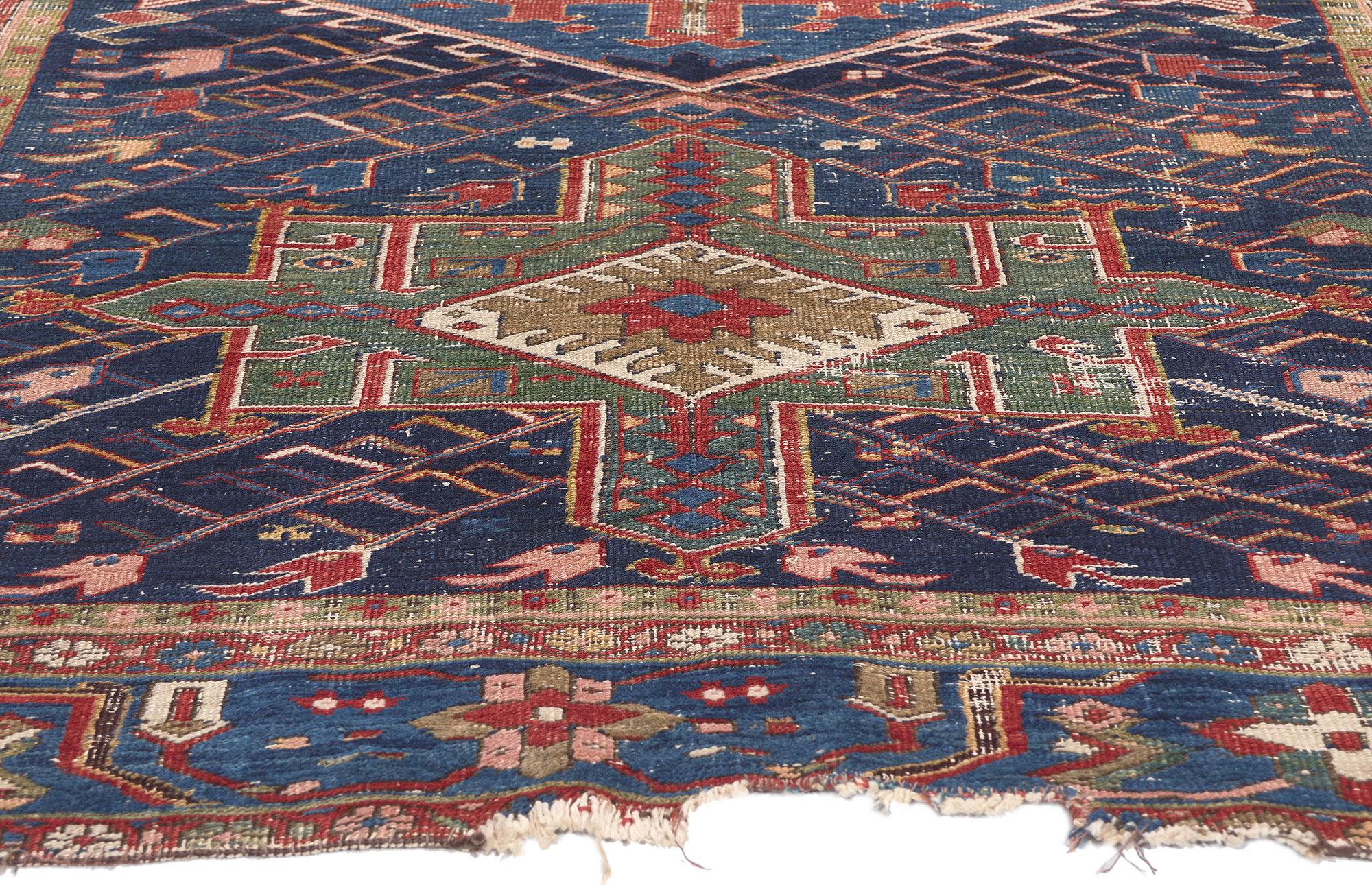 Antique Worn Persian Serapi Rug, Rugged Beauty Meets Modern Masculine In Distressed Condition For Sale In Dallas, TX