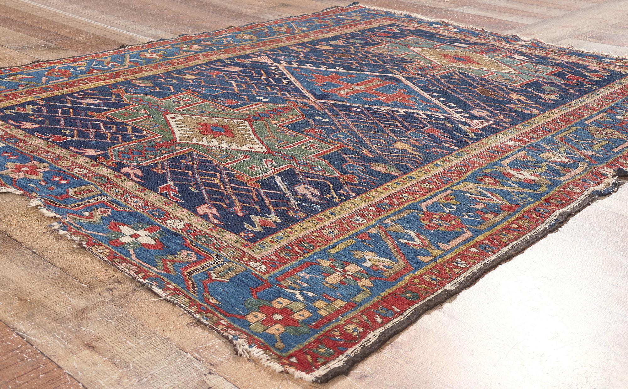 Antique Worn Persian Serapi Rug, Rugged Beauty Meets Modern Masculine For Sale 1