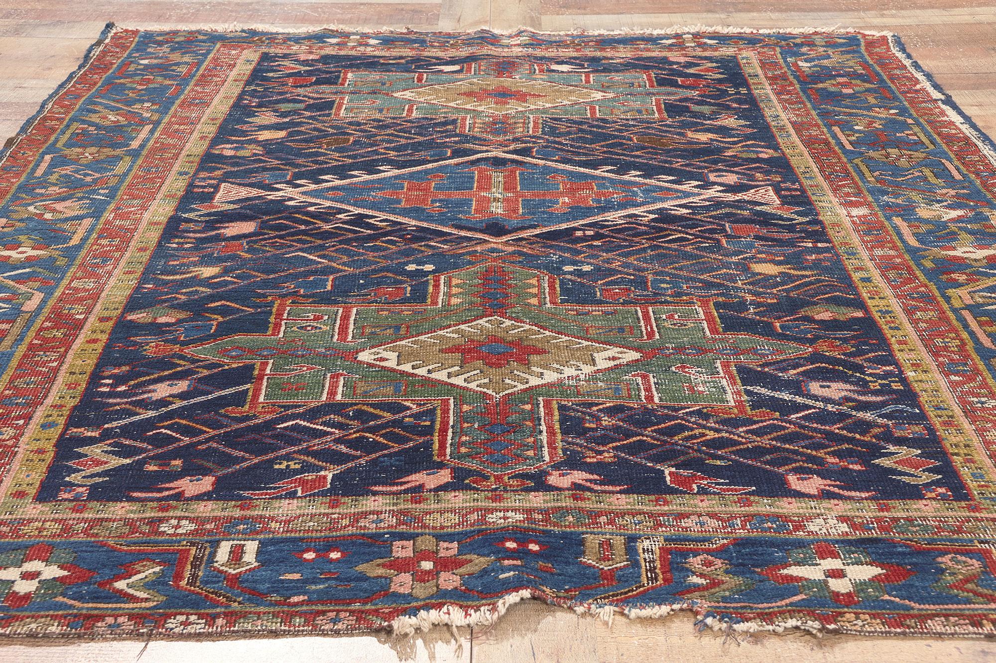 Antique Worn Persian Serapi Rug, Rugged Beauty Meets Modern Masculine For Sale 2