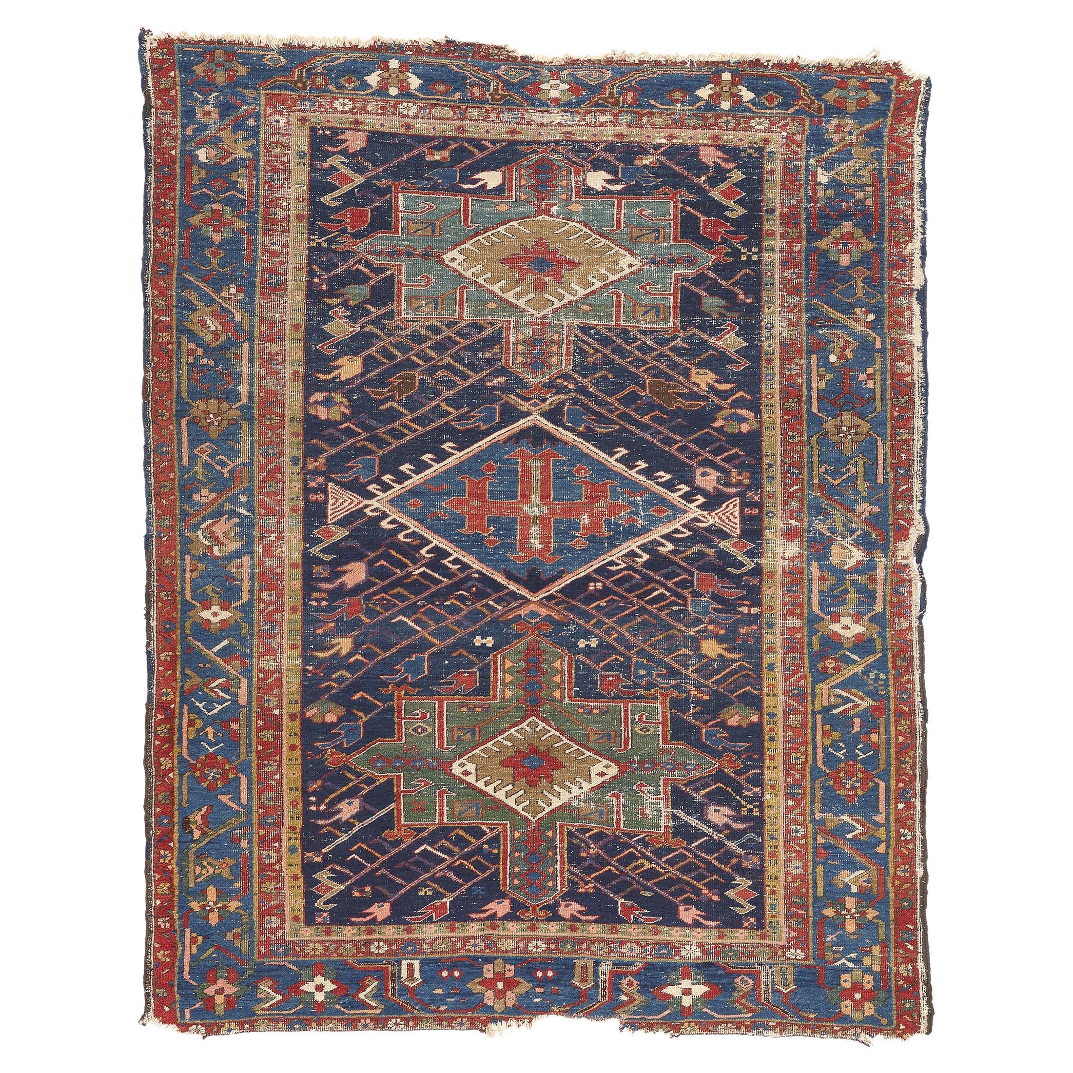 Antique Worn Persian Serapi Rug, Rugged Beauty Meets Modern Masculine For Sale