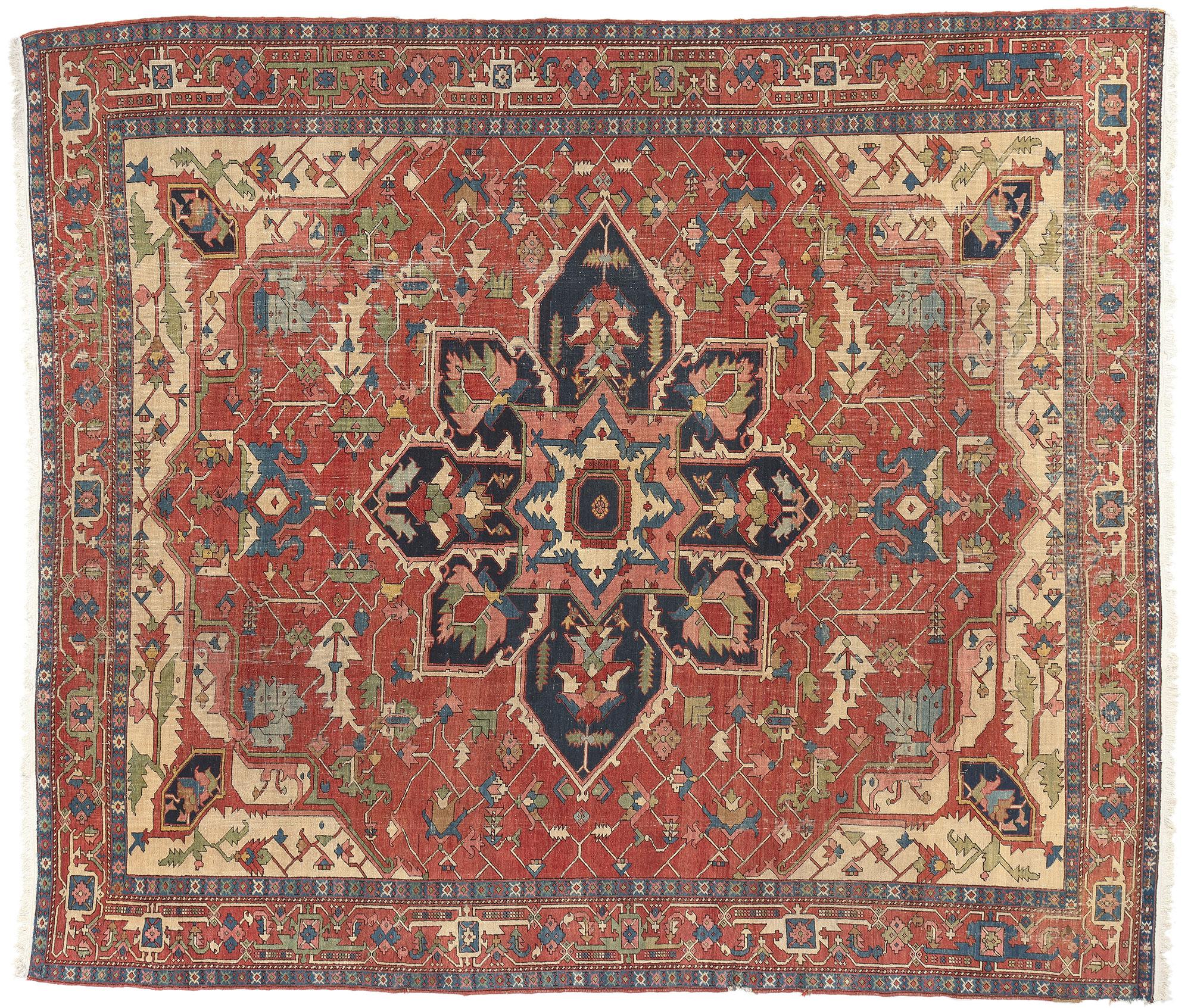 Antique-Worn Persian Serapi Rug, Rustic Finesse Meets Ivy League Prep Style For Sale 4