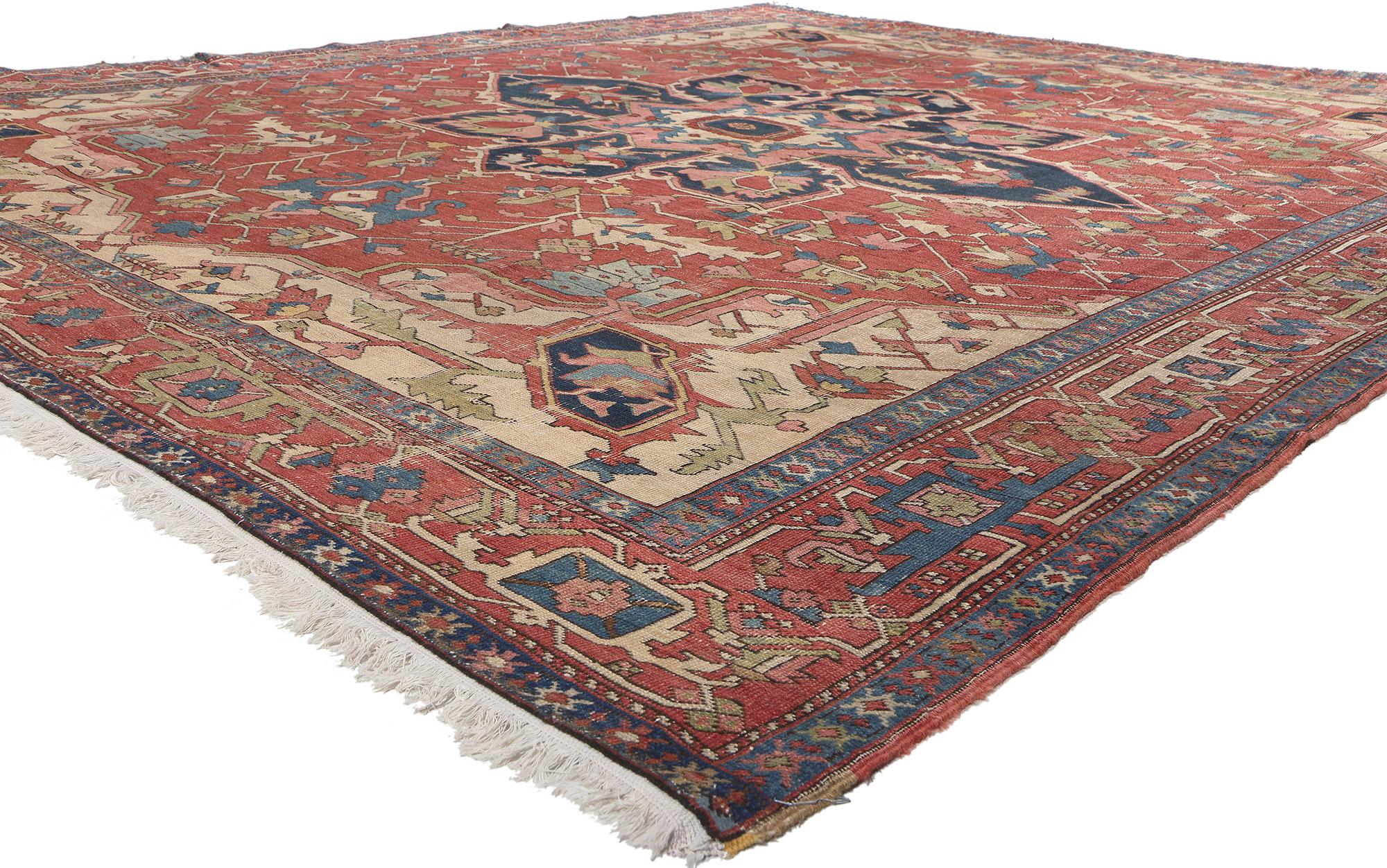 78671 Antique-Worn Persian Serapi Rug, 10'01 x 11'08. Serapi rugs, crafted in the village of Serab of northwestern Iran, are renowned for their distinctive features. These Persian rugs are characterized by geometric patterns, nature-inspired colors,