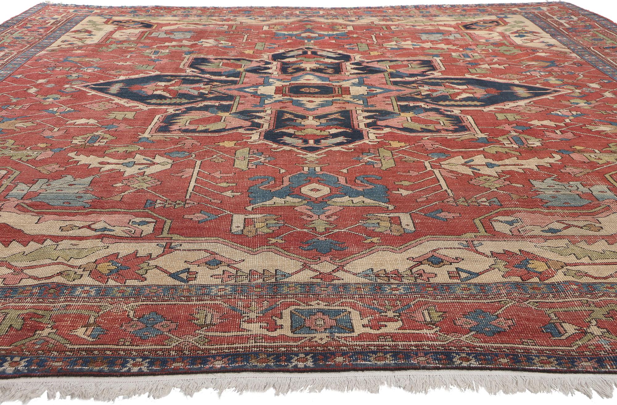 Hand-Knotted Antique-Worn Persian Serapi Rug, Rustic Finesse Meets Ivy League Prep Style For Sale