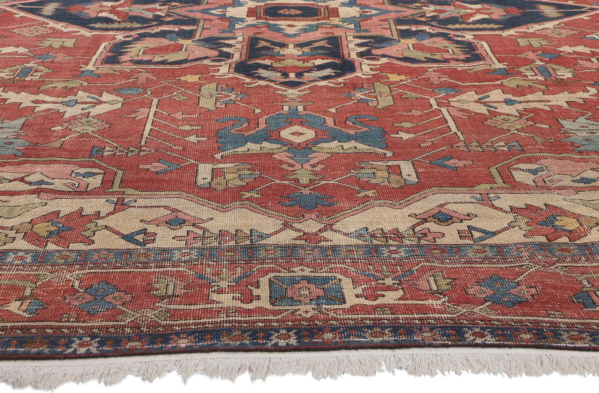 Antique-Worn Persian Serapi Rug, Rustic Finesse Meets Ivy League Prep Style In Distressed Condition For Sale In Dallas, TX