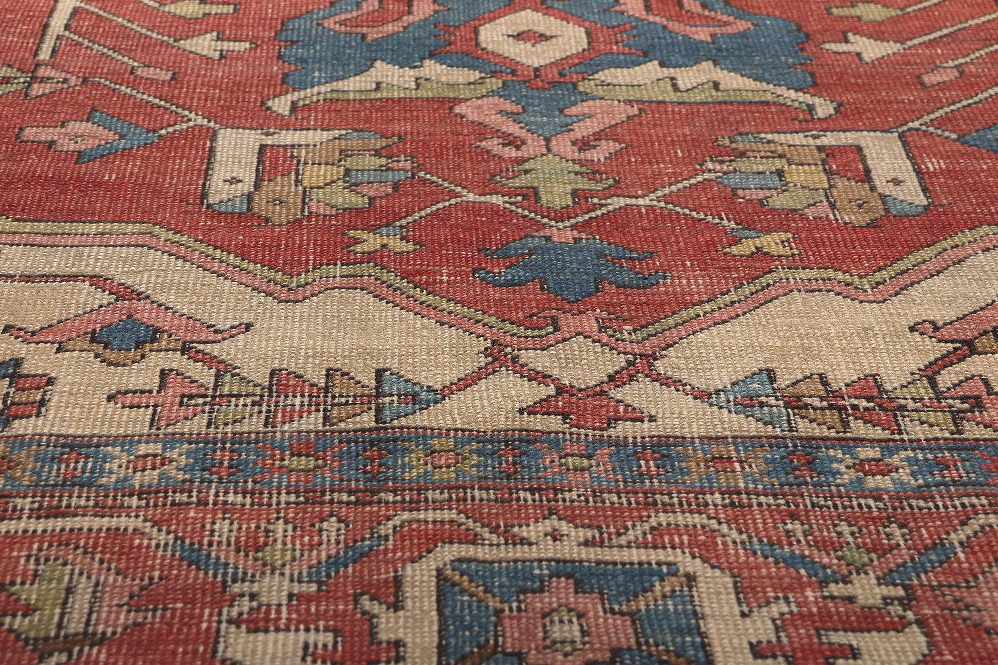 19th Century Antique-Worn Persian Serapi Rug, Rustic Finesse Meets Ivy League Prep Style For Sale