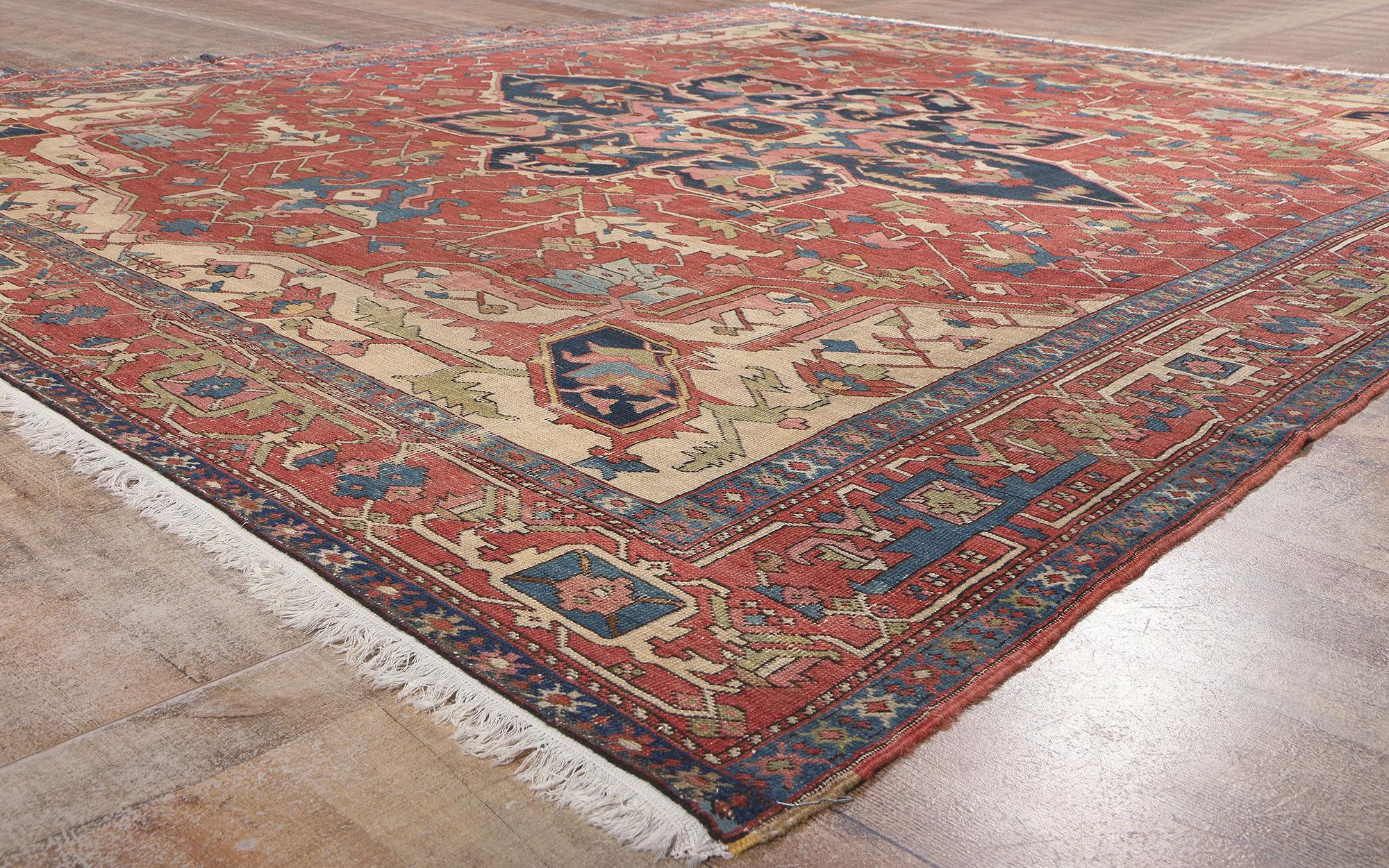Antique-Worn Persian Serapi Rug, Rustic Finesse Meets Ivy League Prep Style For Sale 1