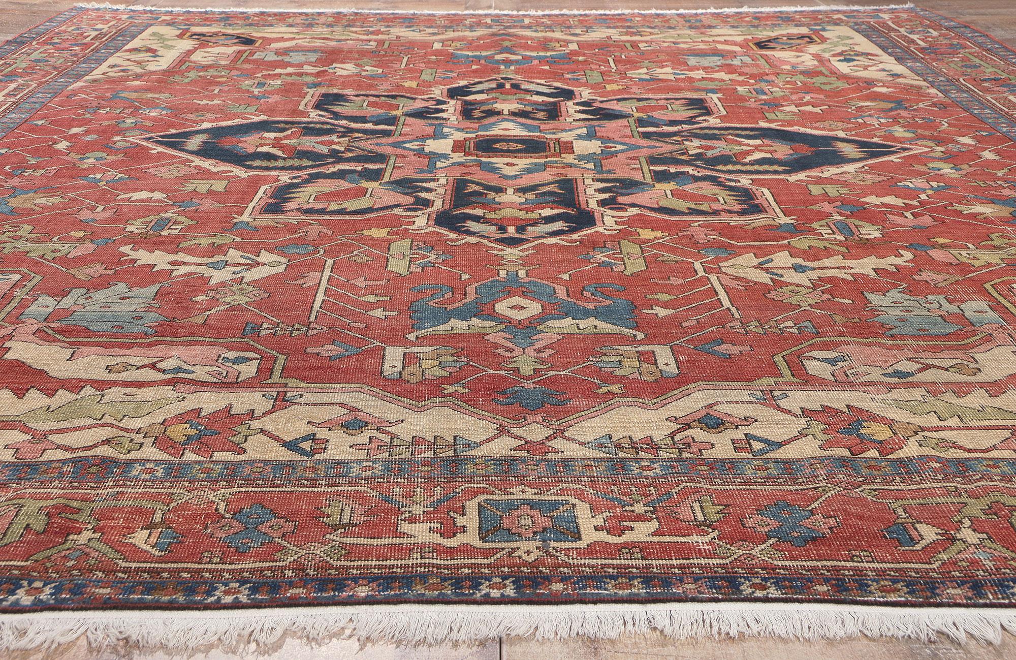 Antique-Worn Persian Serapi Rug, Rustic Finesse Meets Ivy League Prep Style For Sale 2