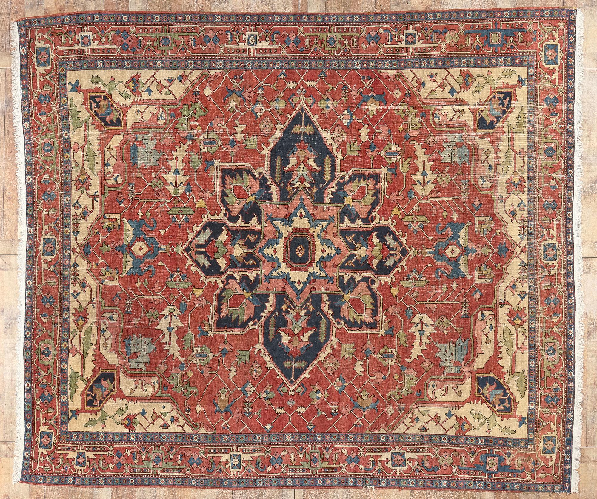 Antique-Worn Persian Serapi Rug, Rustic Finesse Meets Ivy League Prep Style For Sale 3