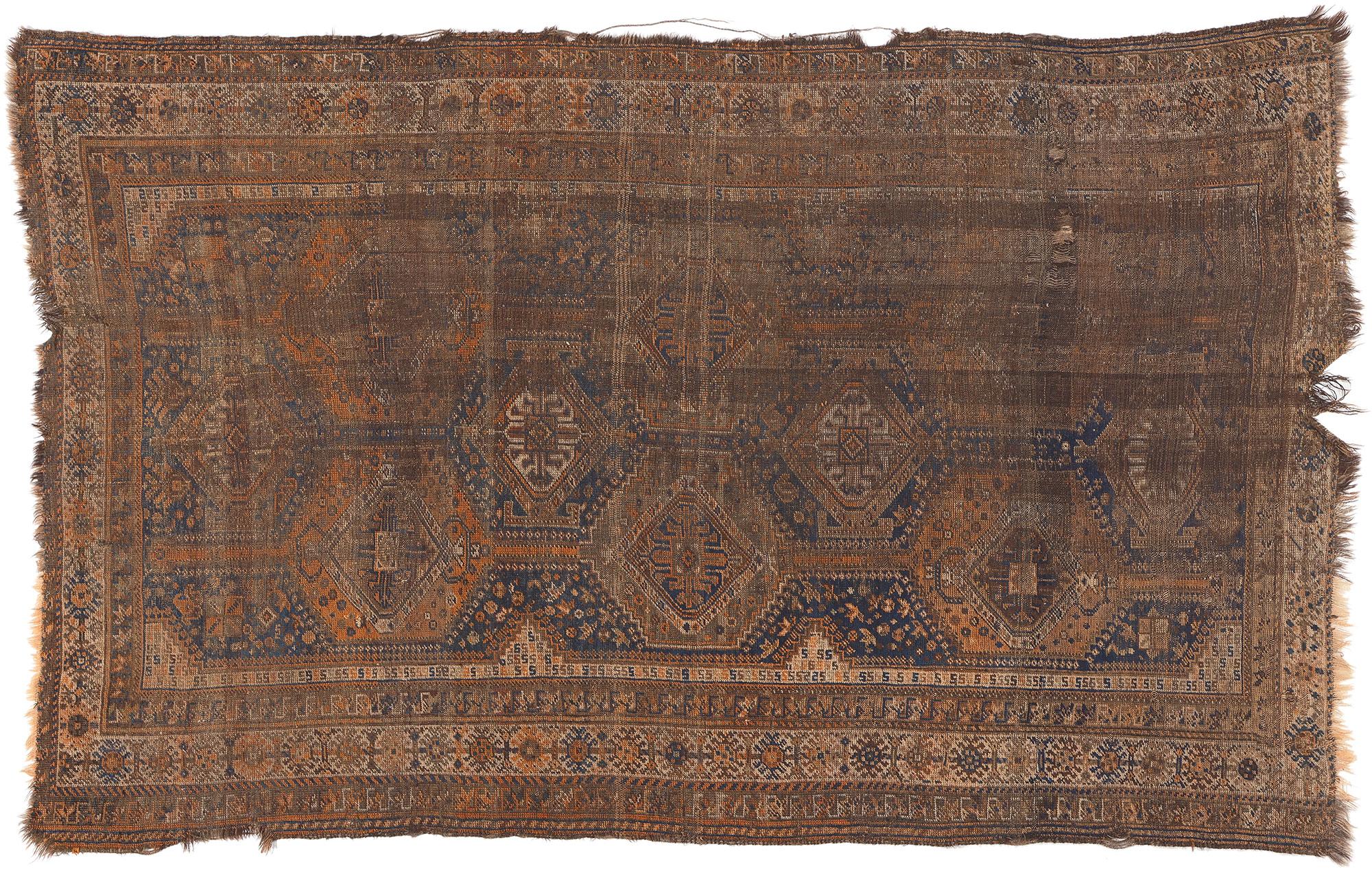Antique-Worn Persian Shiraz Rug, Tribal Enchantment Meets Laid-Back Luxury For Sale 4