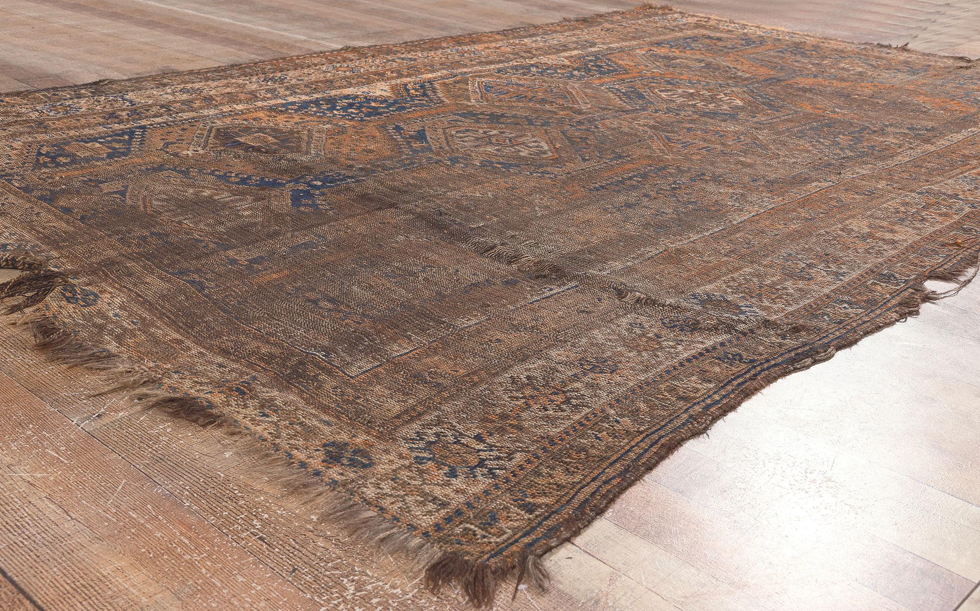 Antique-Worn Persian Shiraz Rug, Tribal Enchantment Meets Laid-Back Luxury For Sale 1
