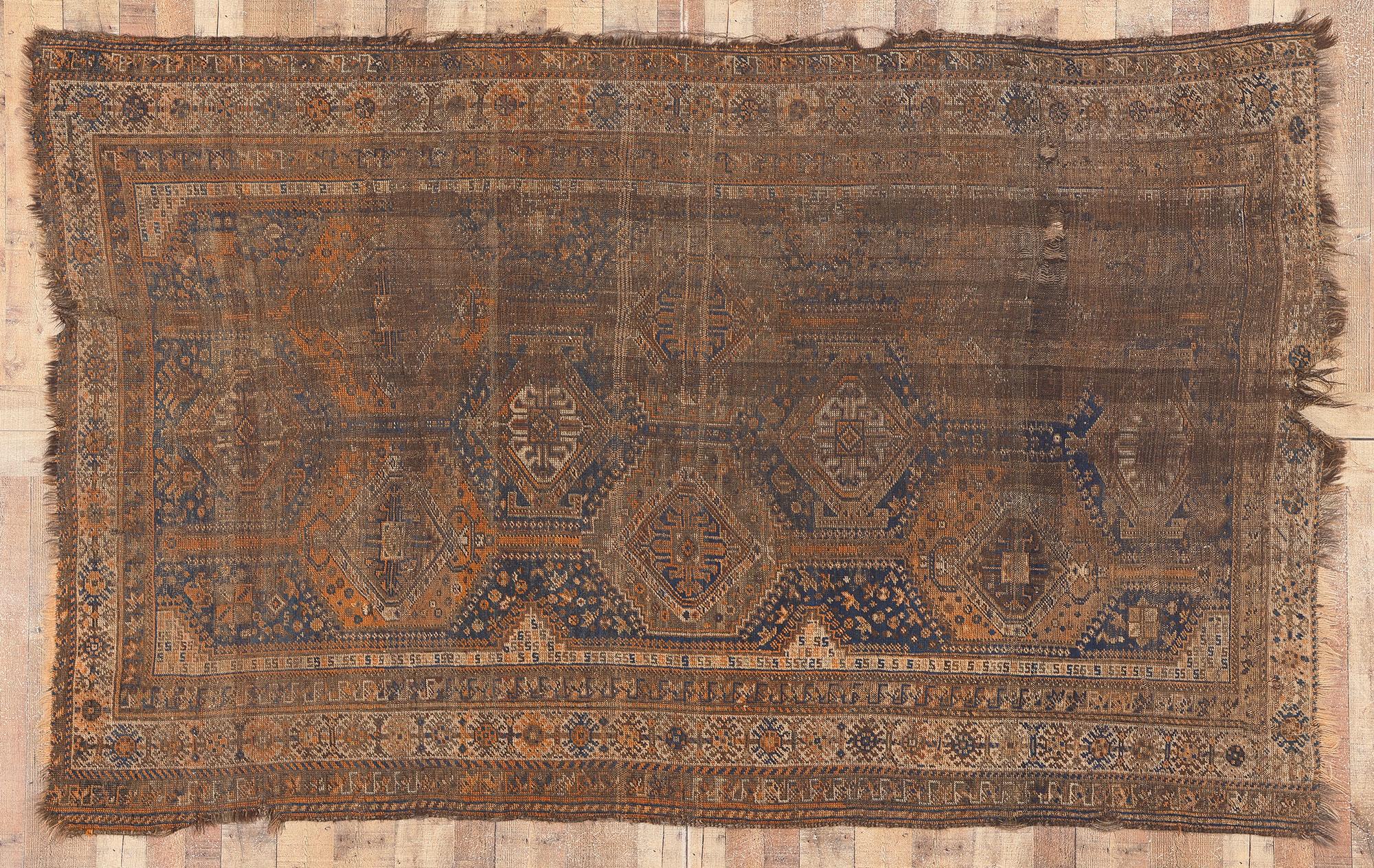 Antique-Worn Persian Shiraz Rug, Tribal Enchantment Meets Laid-Back Luxury For Sale 3