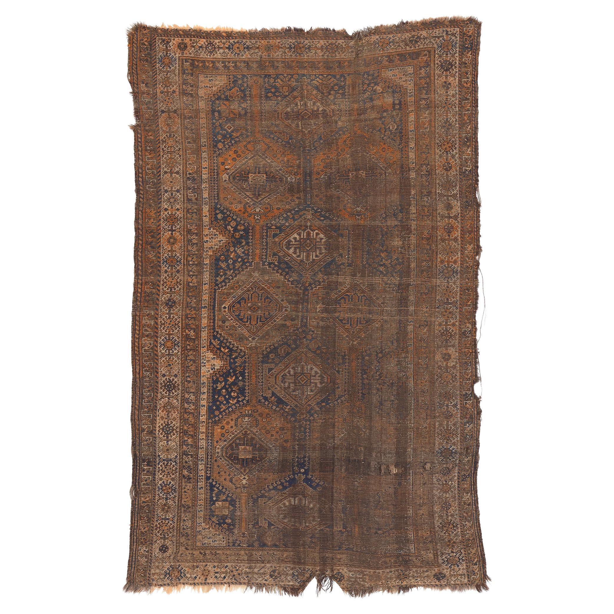 Antique-Worn Persian Shiraz Rug, Tribal Enchantment Meets Laid-Back Luxury