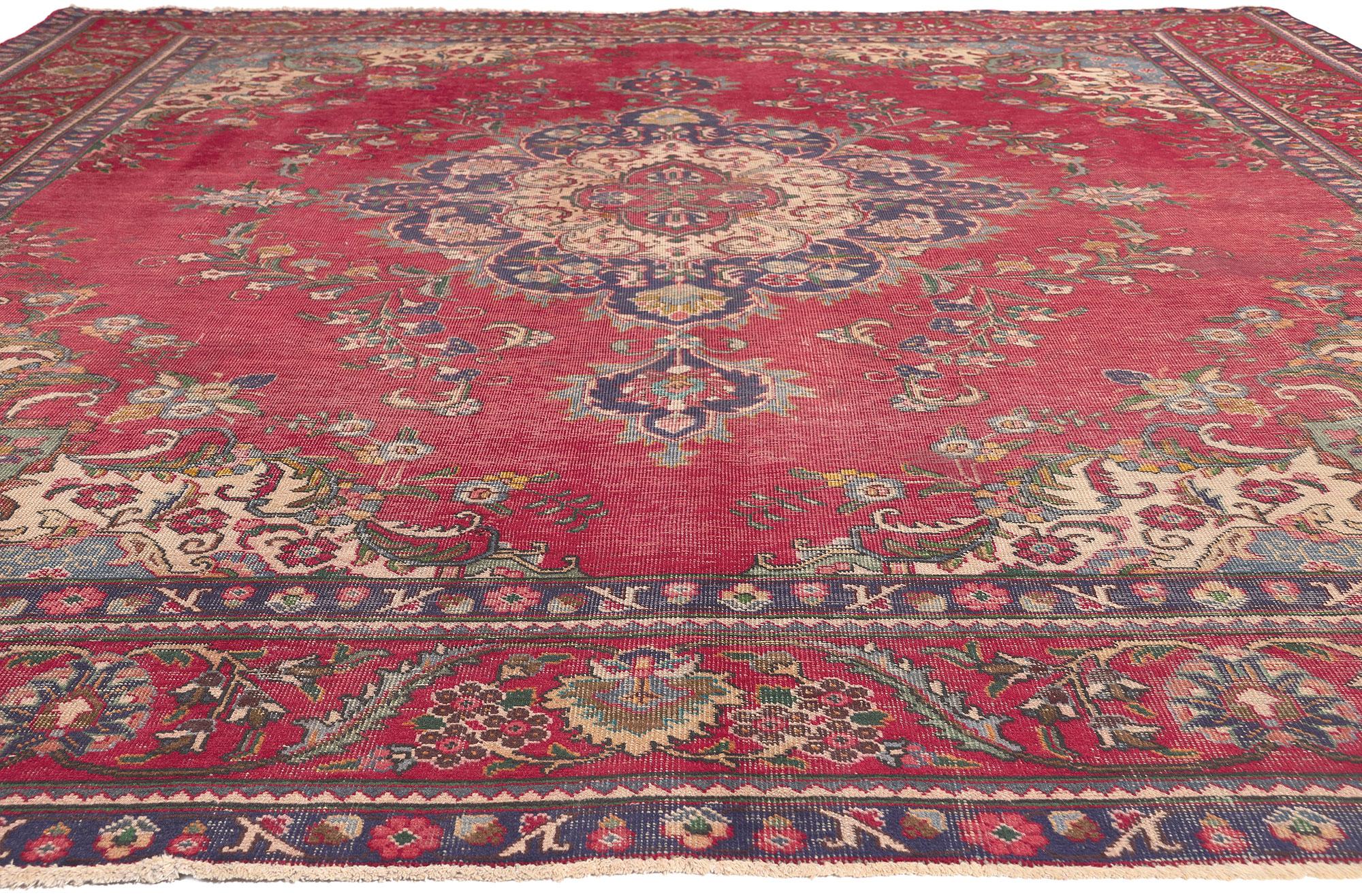 Hand-Knotted Antique-Worn Persian Tabriz Rug, Rustic Sensibility Meets Nostalgic Charm For Sale