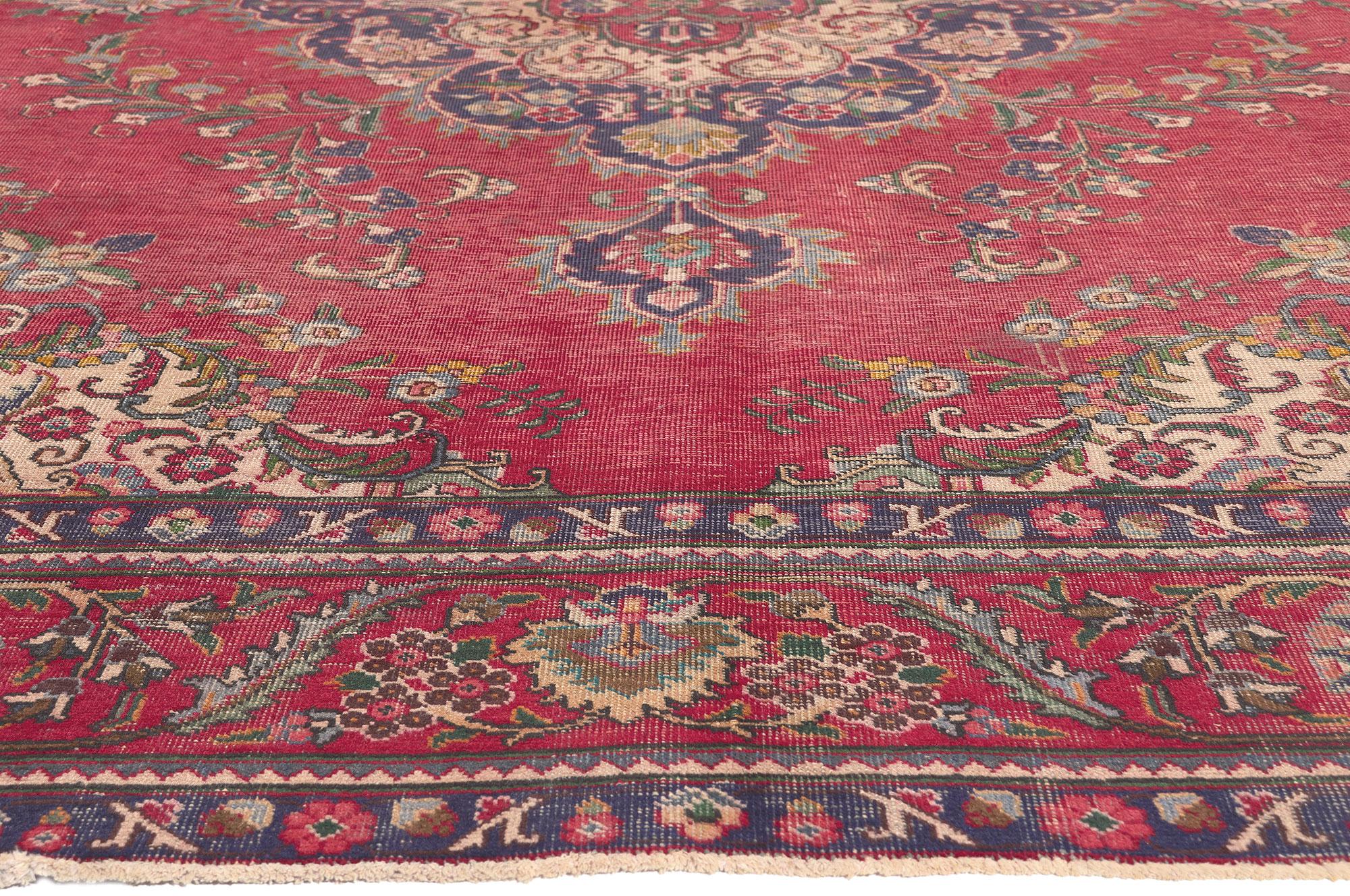 Antique-Worn Persian Tabriz Rug, Rustic Sensibility Meets Nostalgic Charm In Distressed Condition For Sale In Dallas, TX
