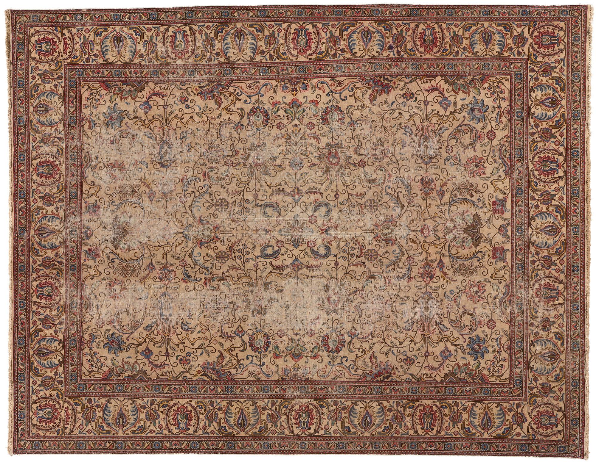 Antique-Worn Persian Tabriz Rug, Weathered Beauty Meets Rustic Sensibility For Sale 1