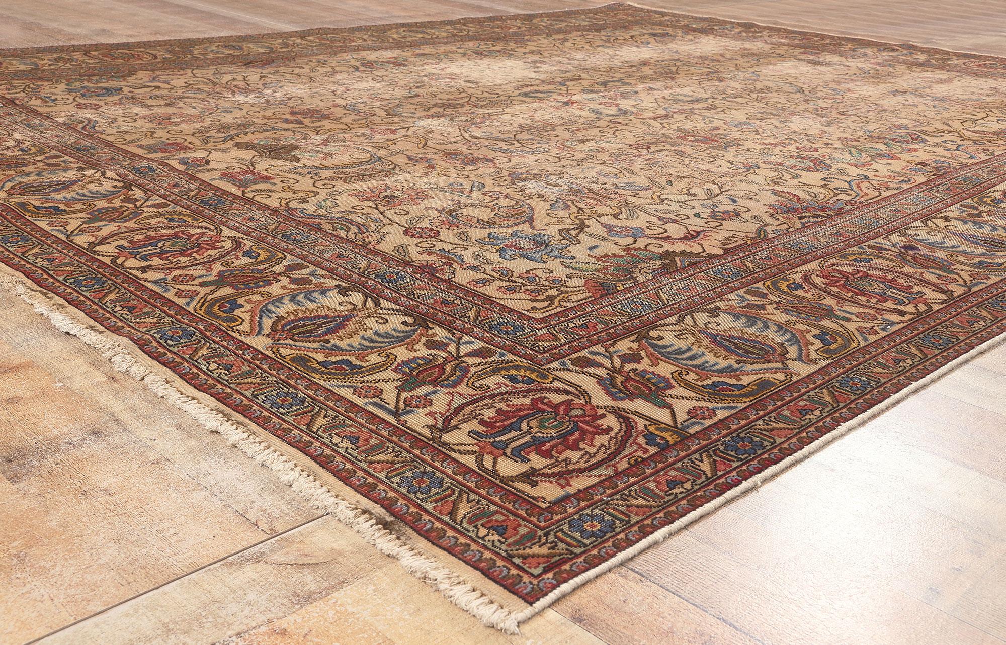 Antique-Worn Persian Tabriz Rug, Weathered Beauty Meets Rustic Sensibility In Distressed Condition For Sale In Dallas, TX