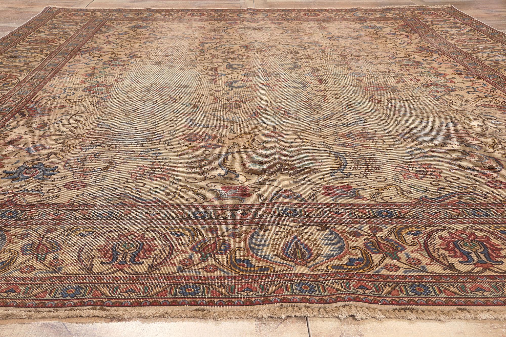 20th Century Antique-Worn Persian Tabriz Rug, Weathered Beauty Meets Rustic Sensibility For Sale