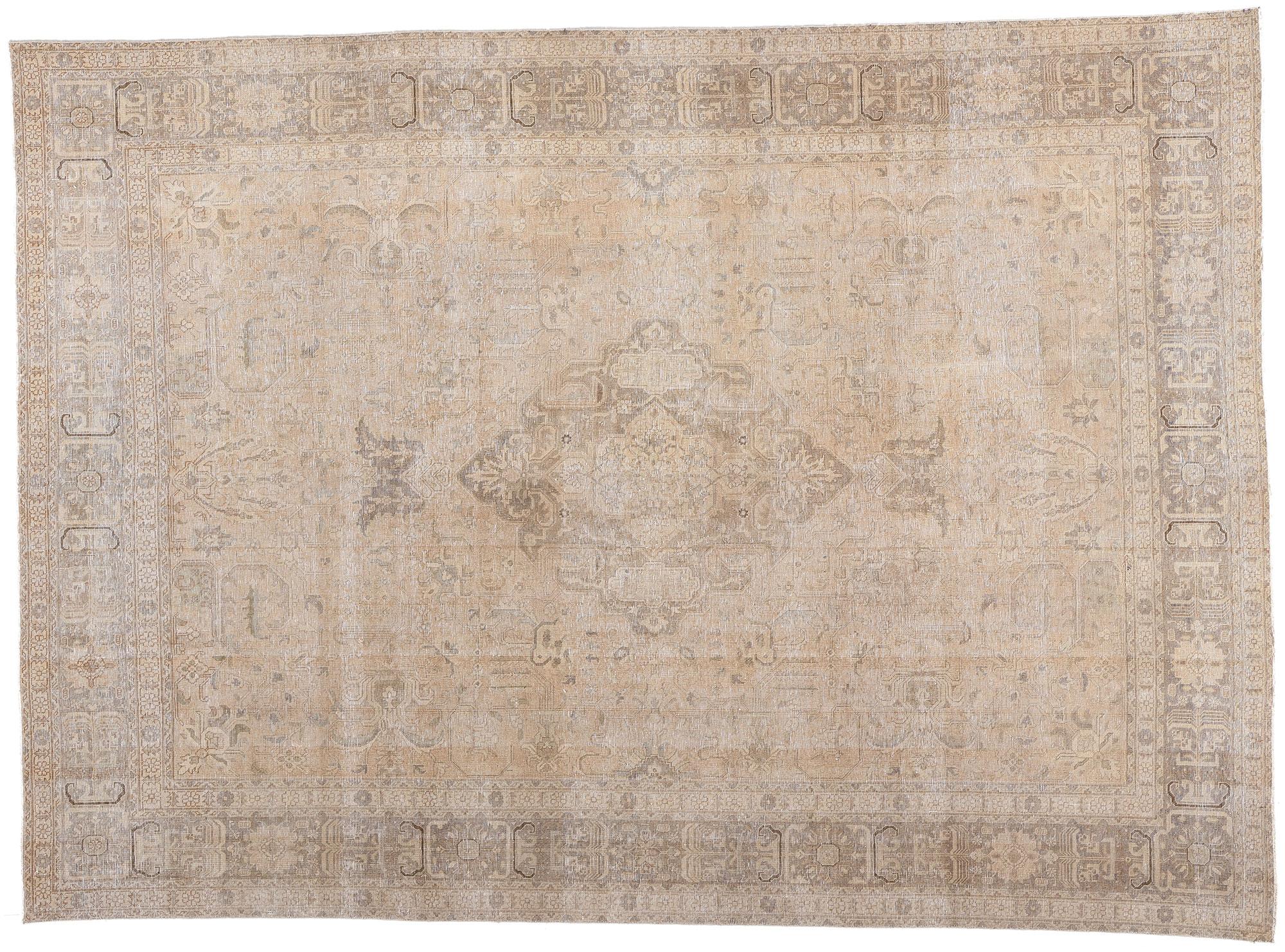 Antique-Worn Persian Tabrz Rug, Weathered Finesse Meets Tonal Elegance For Sale 3