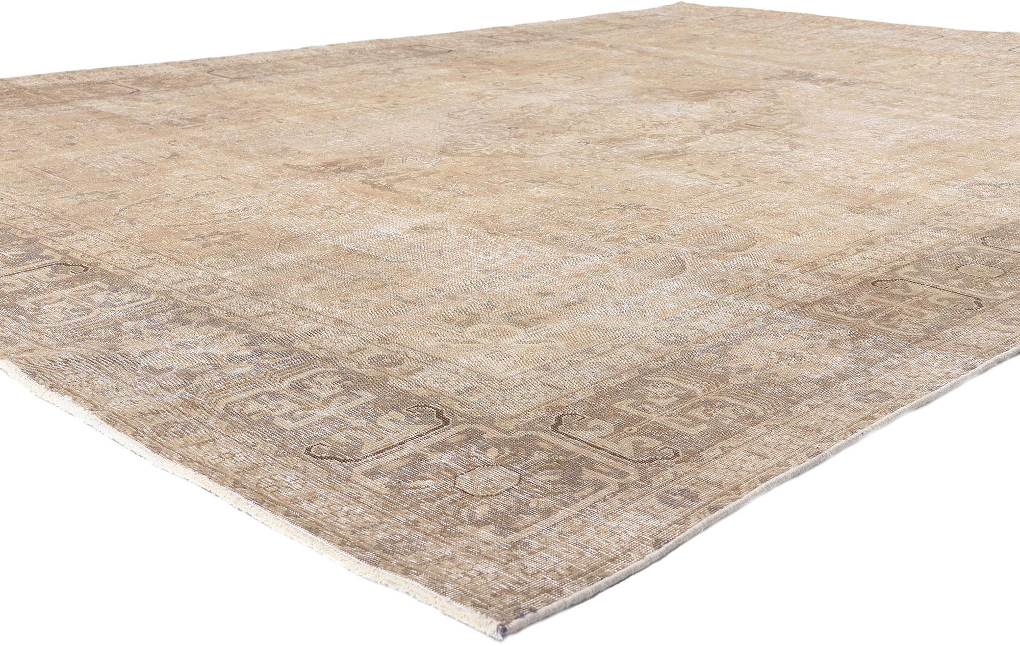 61261 Distressed Antique Persian Tabriz Rug, 08'01 x 11'02.
​Weathered finesse meets tonal elegance in this hand knotted wool distressed antique-worn Persian Tabriz rug.

Rendered in variegated shades of tan, taupe, sand, beige, mushroom, pashmina,