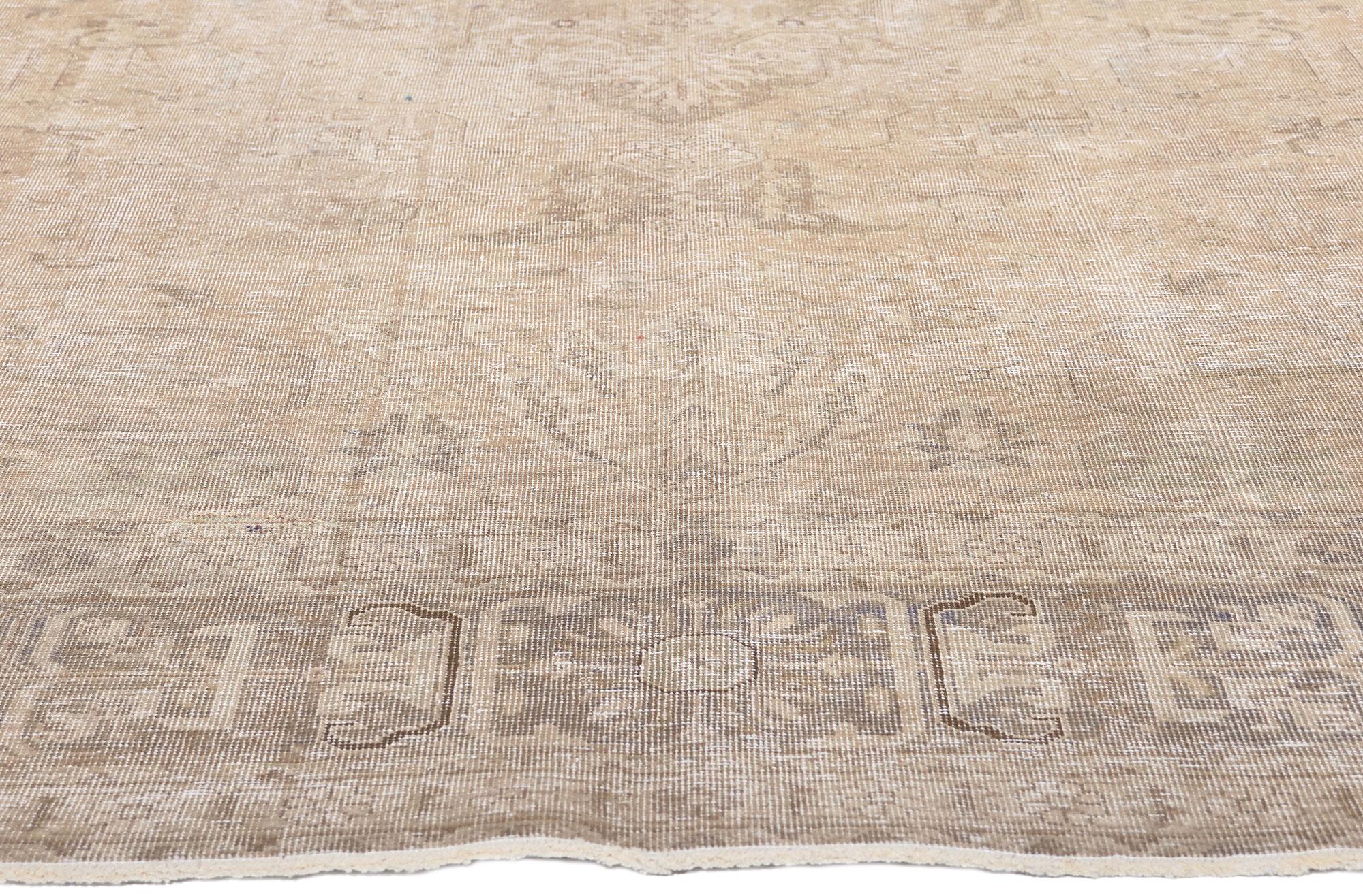 Hand-Knotted Antique-Worn Persian Tabrz Rug, Weathered Finesse Meets Tonal Elegance For Sale