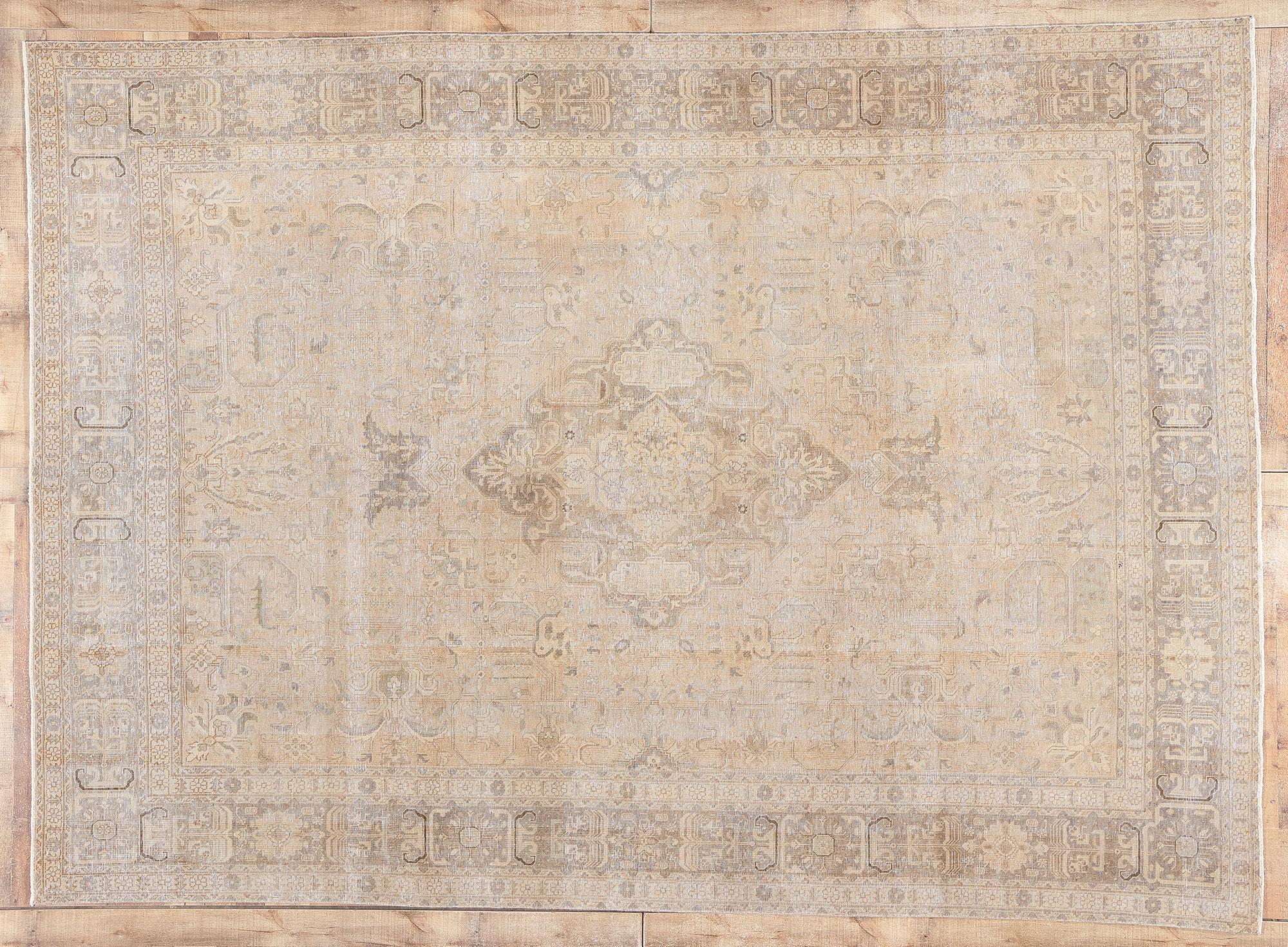 Antique-Worn Persian Tabrz Rug, Weathered Finesse Meets Tonal Elegance For Sale 2