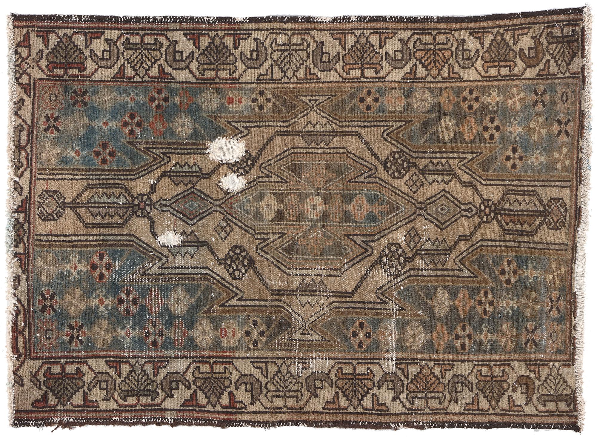 Antique Worn Persian Tribal Hamadan Rug, Rugged Beauty Meets Nomadic Charm For Sale 3