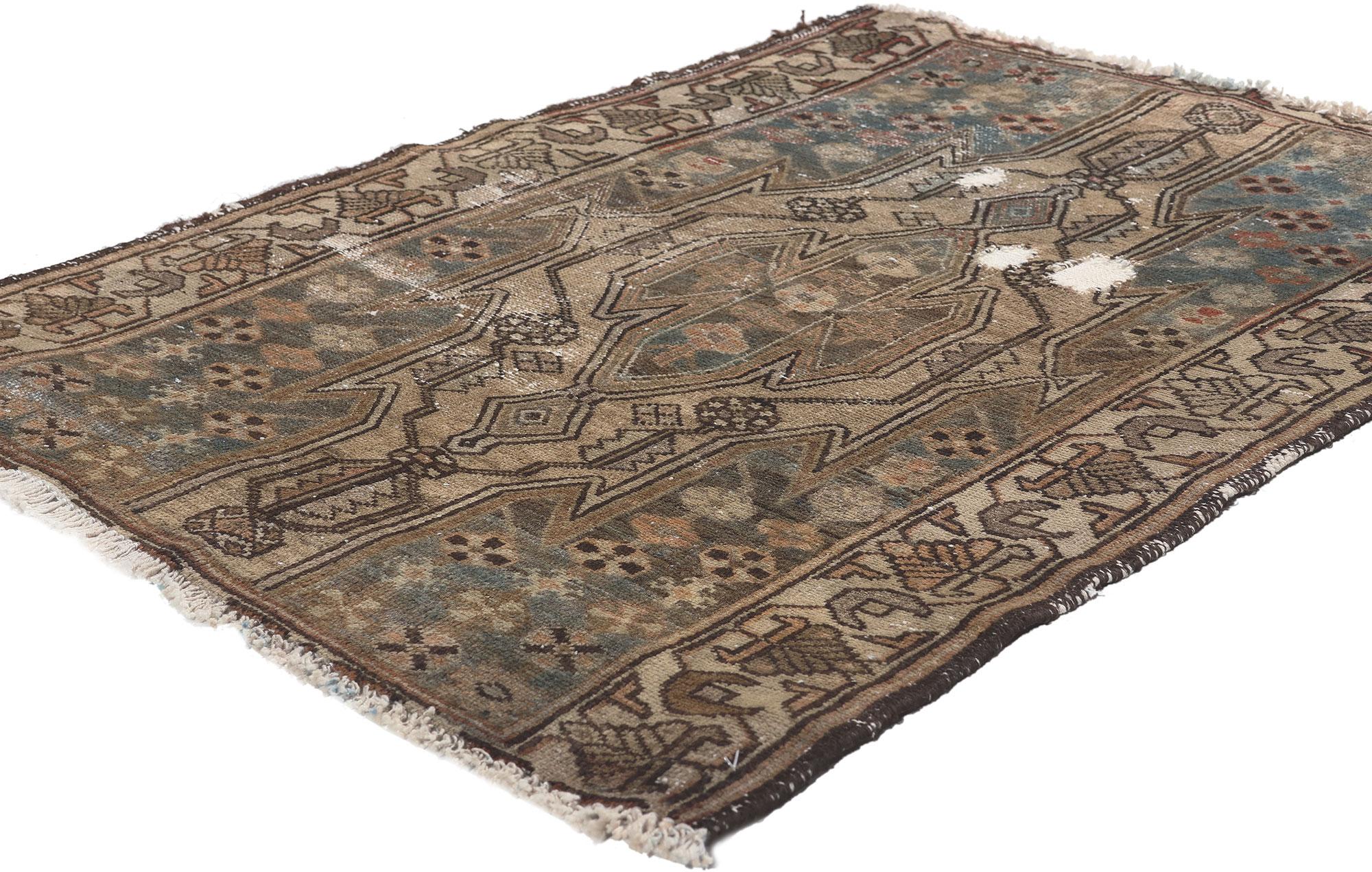 78581 Antique Worn Persian Hamadan Rug, 02'06 x 03'06. 
Weathered finesse meets rustic sensibility in this distressed vintage Persian Hamadan rug. The rugged tribal pattern and earthy colorway woven into this piece work together creating rustic yet