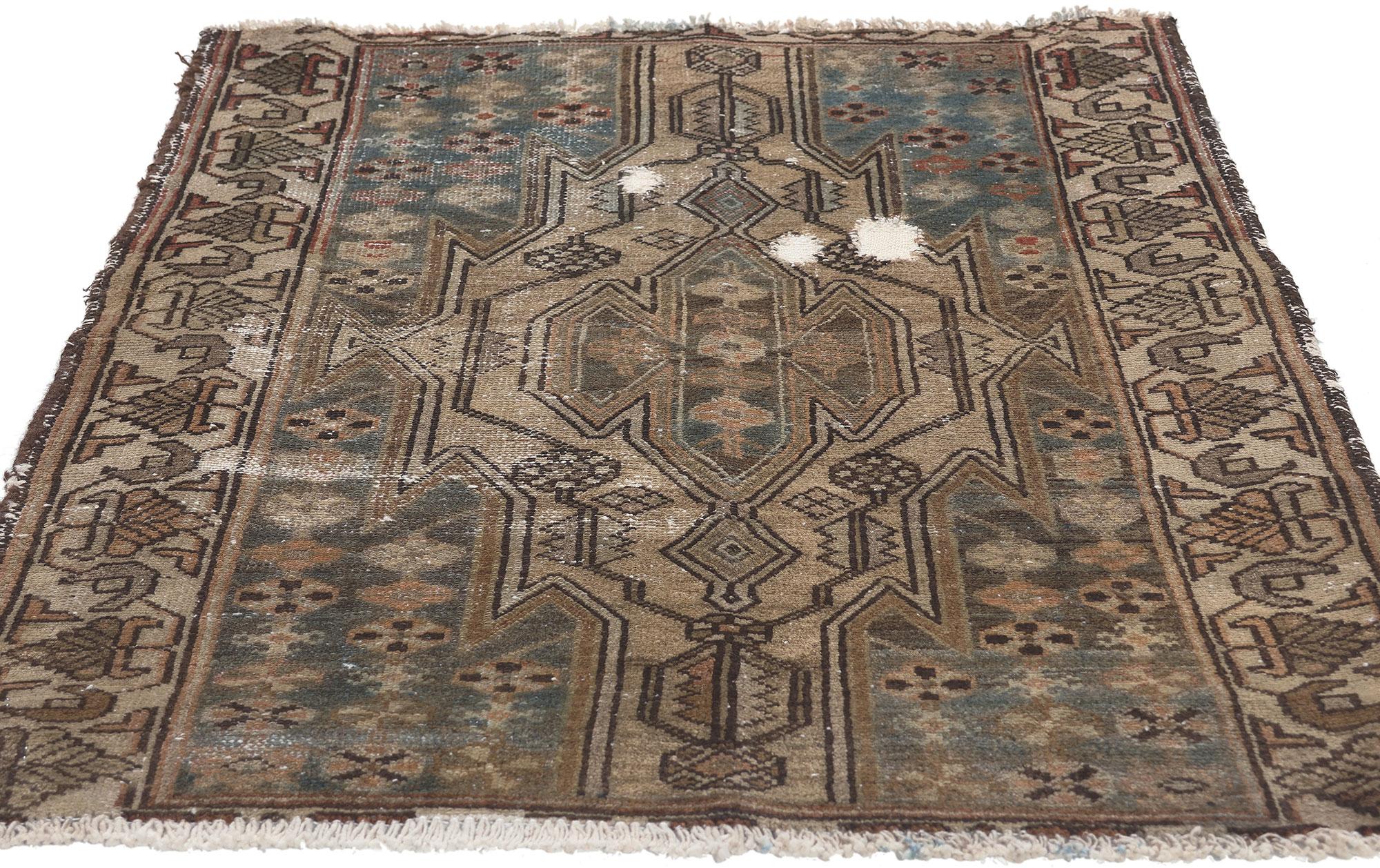 Rustic Antique Worn Persian Tribal Hamadan Rug, Rugged Beauty Meets Nomadic Charm For Sale