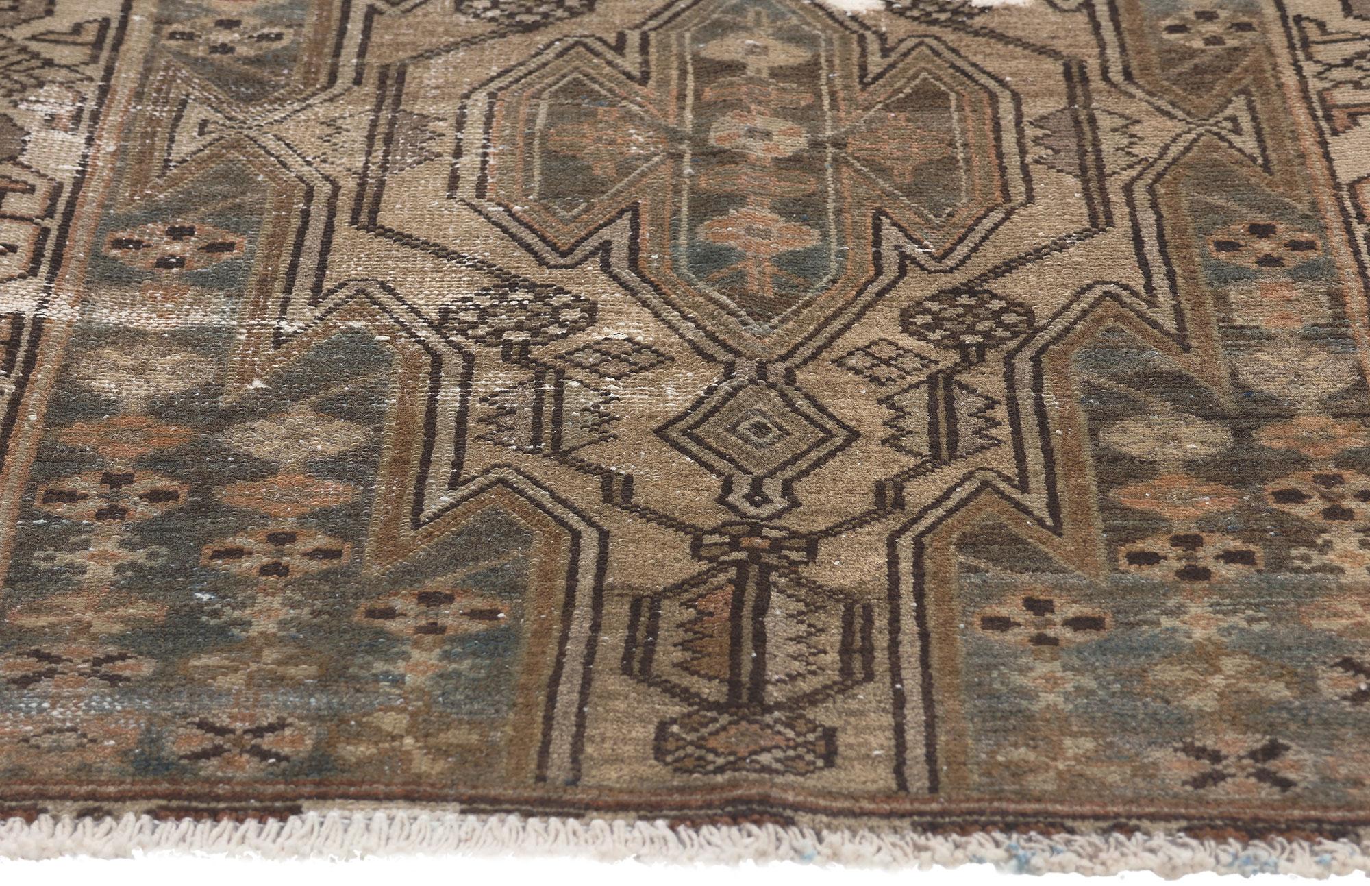 Hand-Knotted Antique Worn Persian Tribal Hamadan Rug, Rugged Beauty Meets Nomadic Charm For Sale