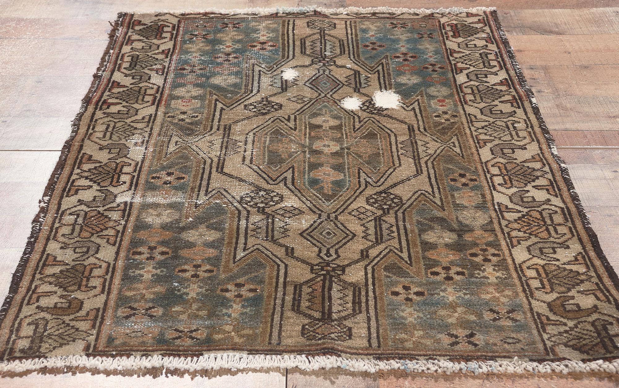 Antique Worn Persian Tribal Hamadan Rug, Rugged Beauty Meets Nomadic Charm For Sale 1