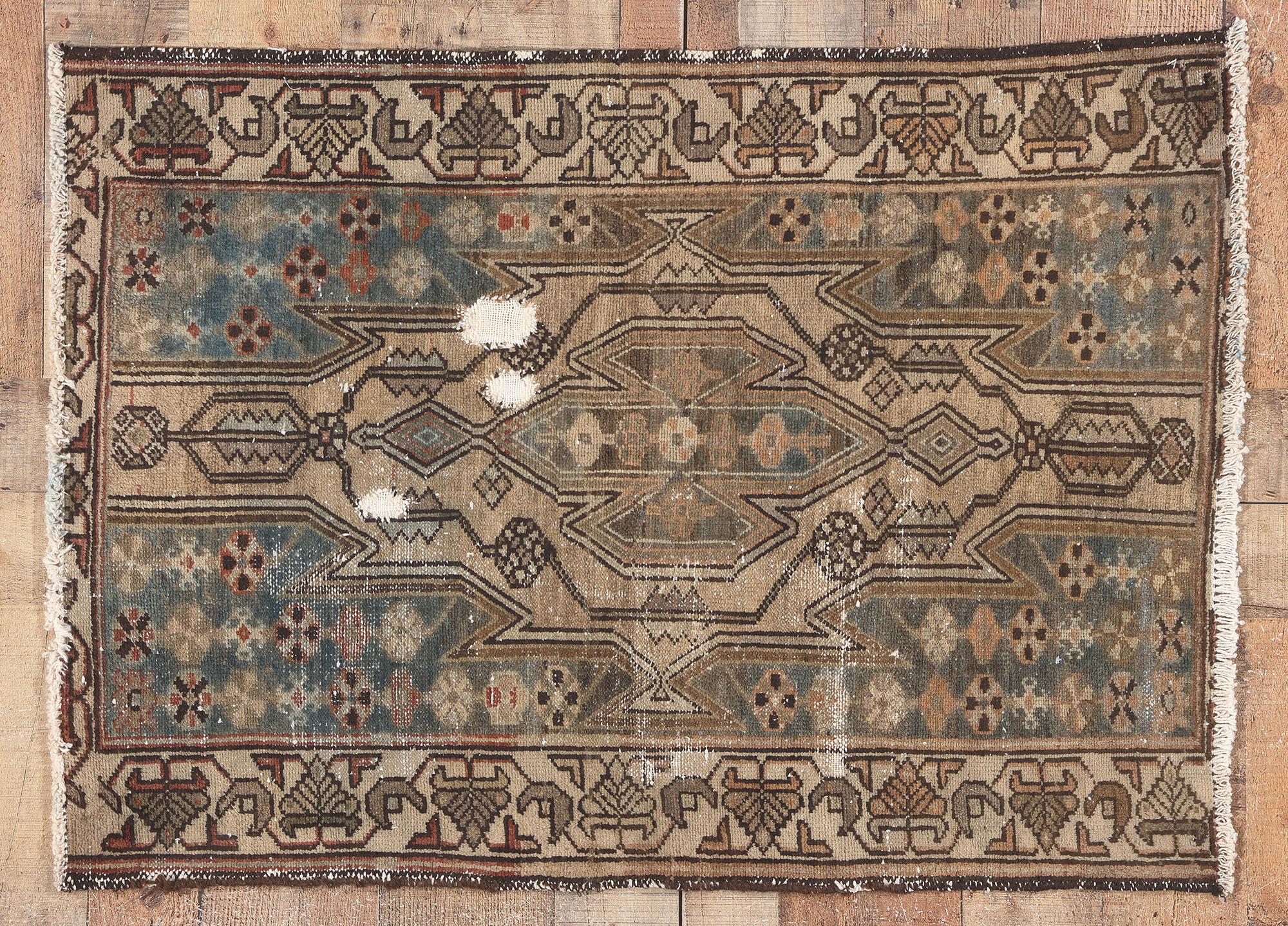 Antique Worn Persian Tribal Hamadan Rug, Rugged Beauty Meets Nomadic Charm For Sale 2