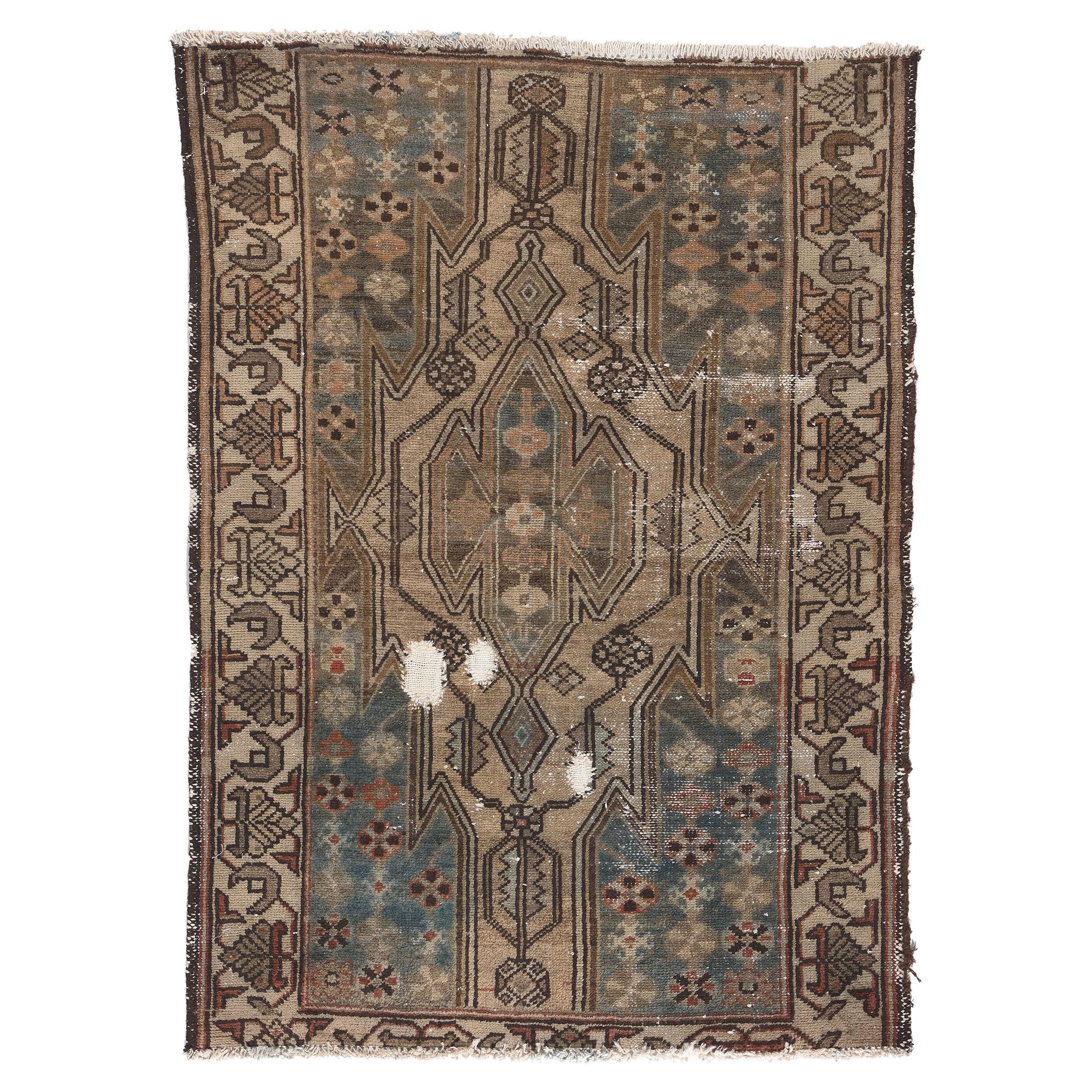 Antique Worn Persian Tribal Hamadan Rug, Rugged Beauty Meets Nomadic Charm For Sale