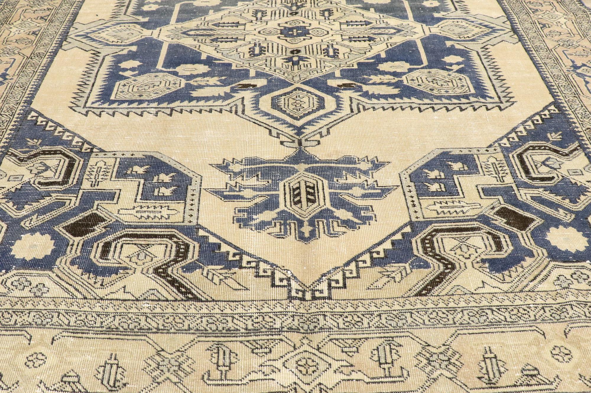 Antique-Worn Persian Viss Rug, Laid-Back Luxury Meets Refined Masculinity  In Distressed Condition For Sale In Dallas, TX