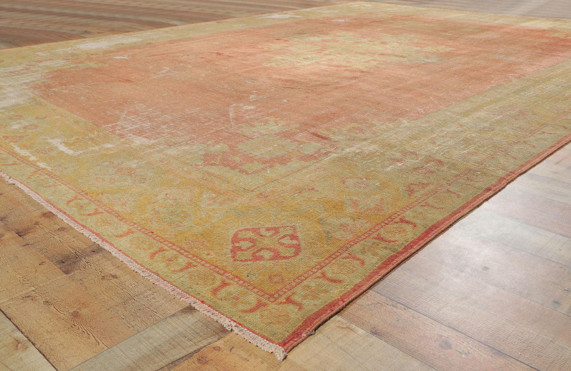 Antique-Worn Turkish Oushak Rug, Weathered Finesse Meets Relaxed Refinement For Sale 3