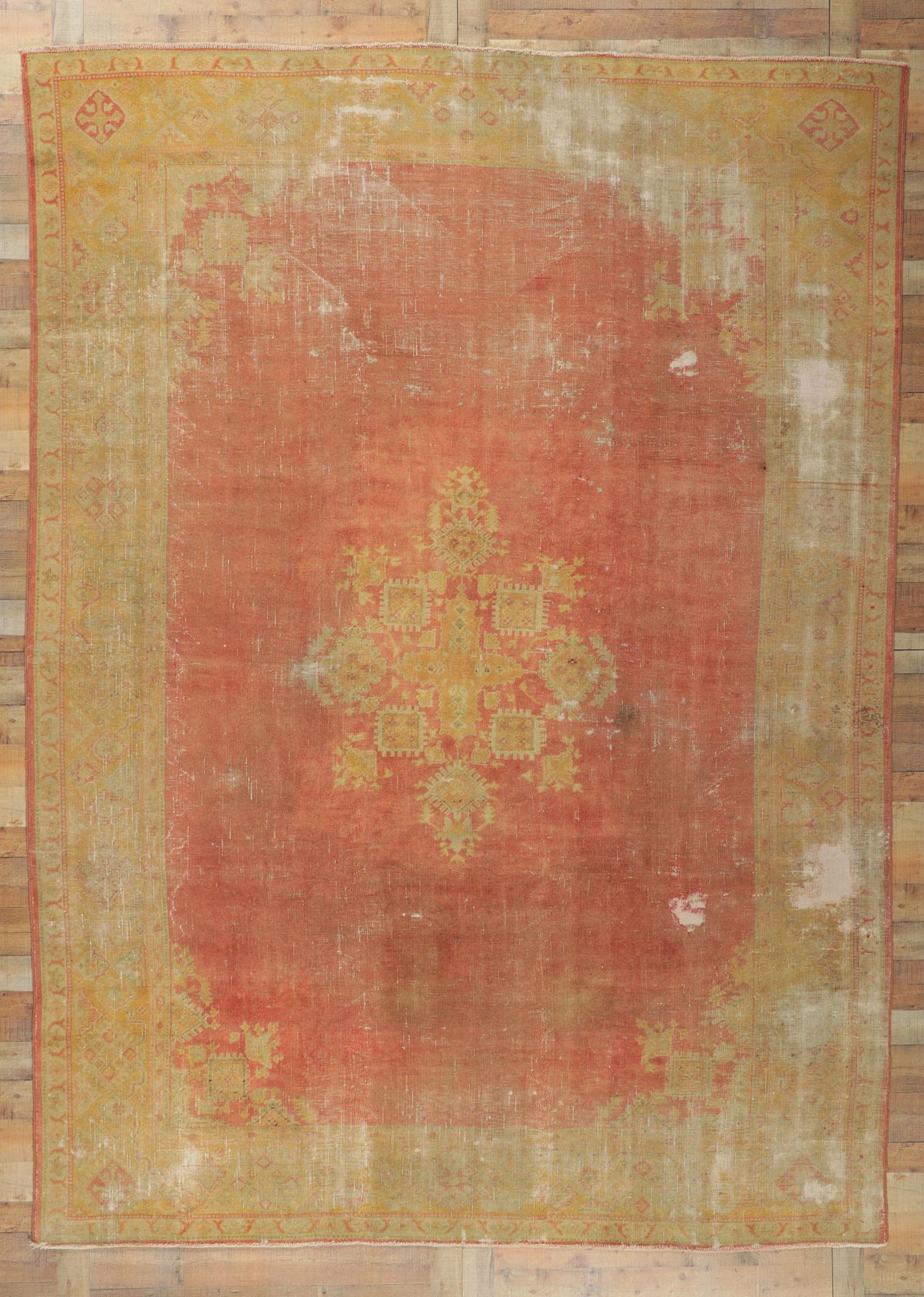 Antique-Worn Turkish Oushak Rug, Weathered Finesse Meets Relaxed Refinement For Sale 5