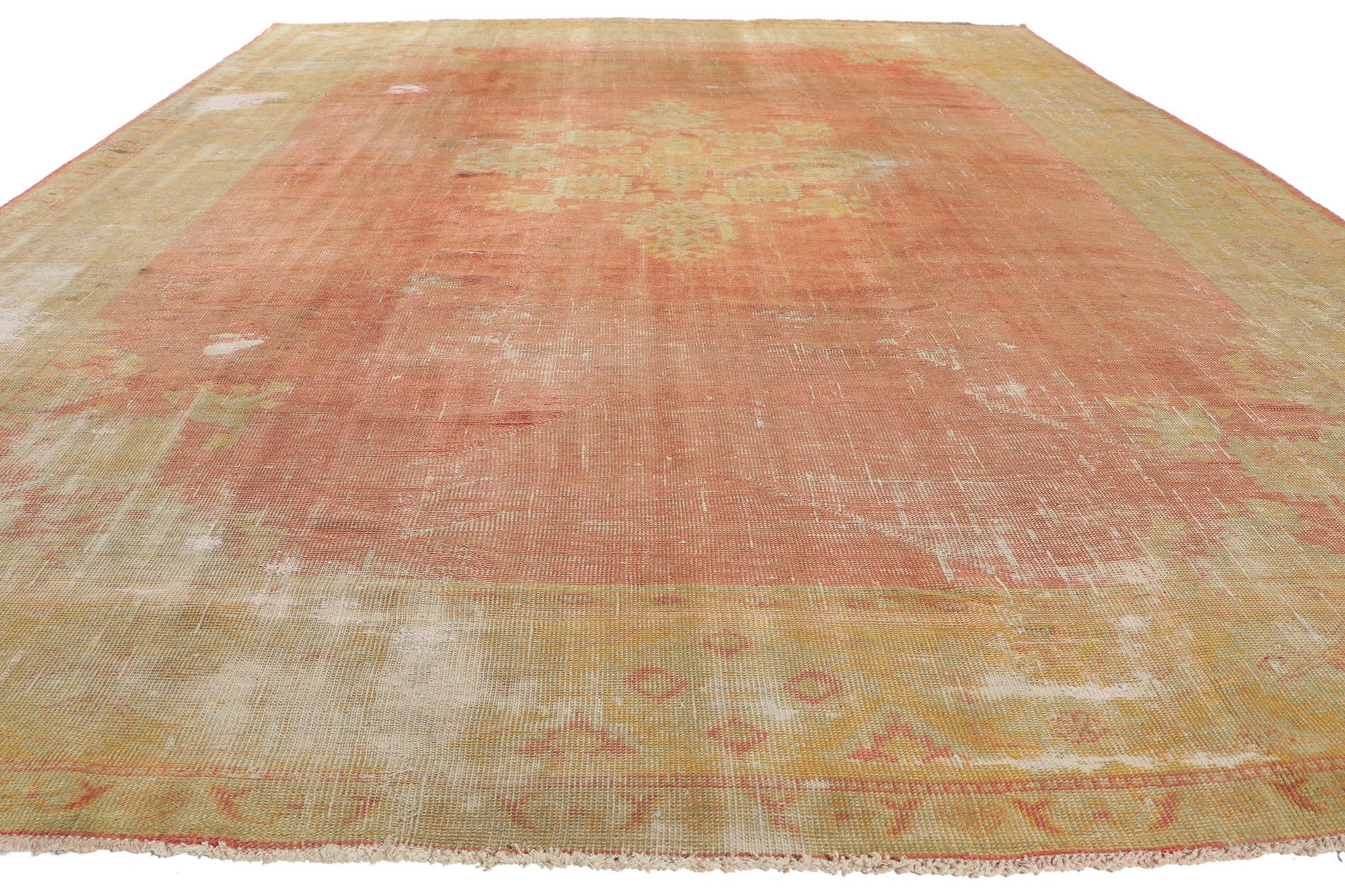 Rustic Antique-Worn Turkish Oushak Rug, Weathered Finesse Meets Relaxed Refinement For Sale