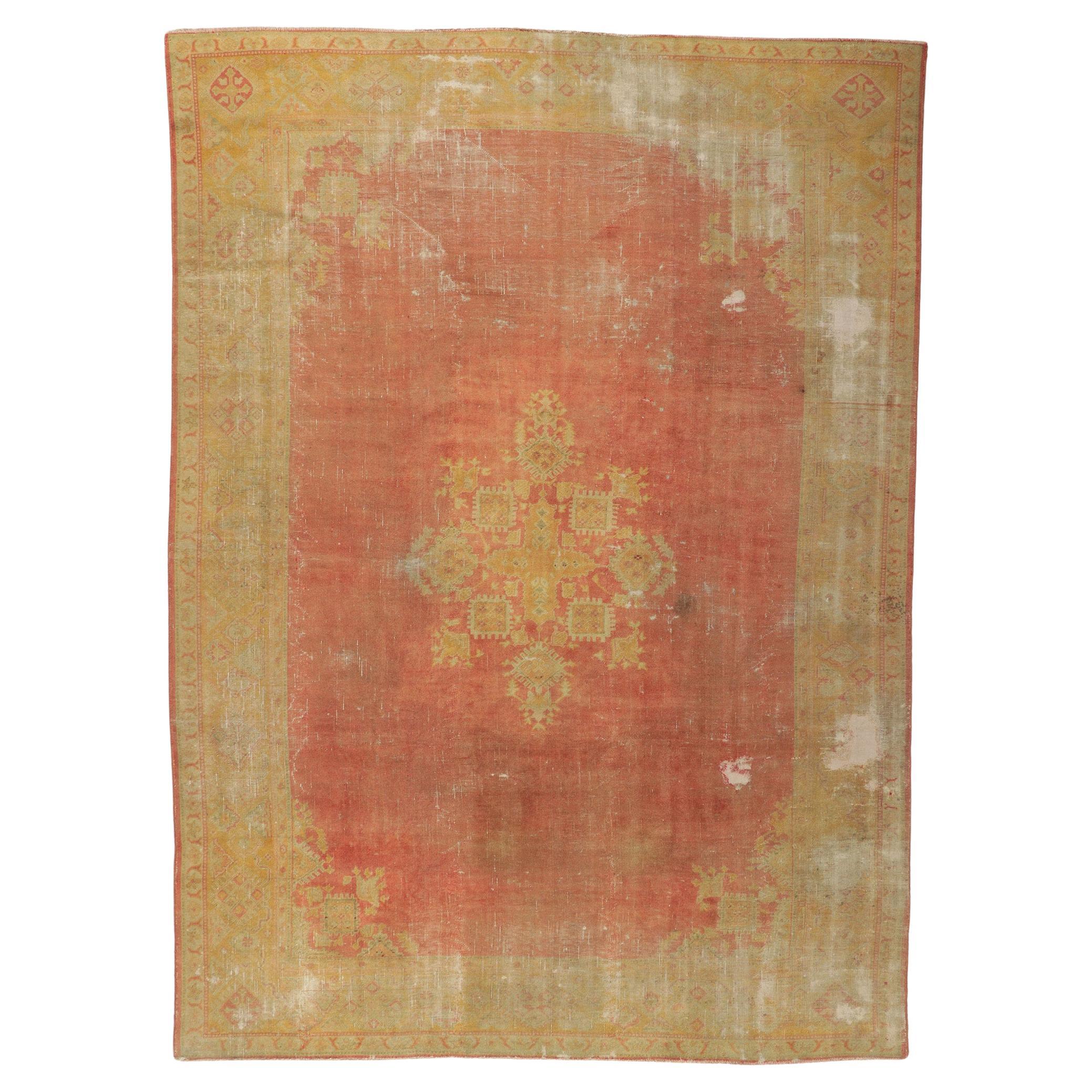 Antique-Worn Turkish Oushak Rug, Weathered Finesse Meets Relaxed Refinement For Sale