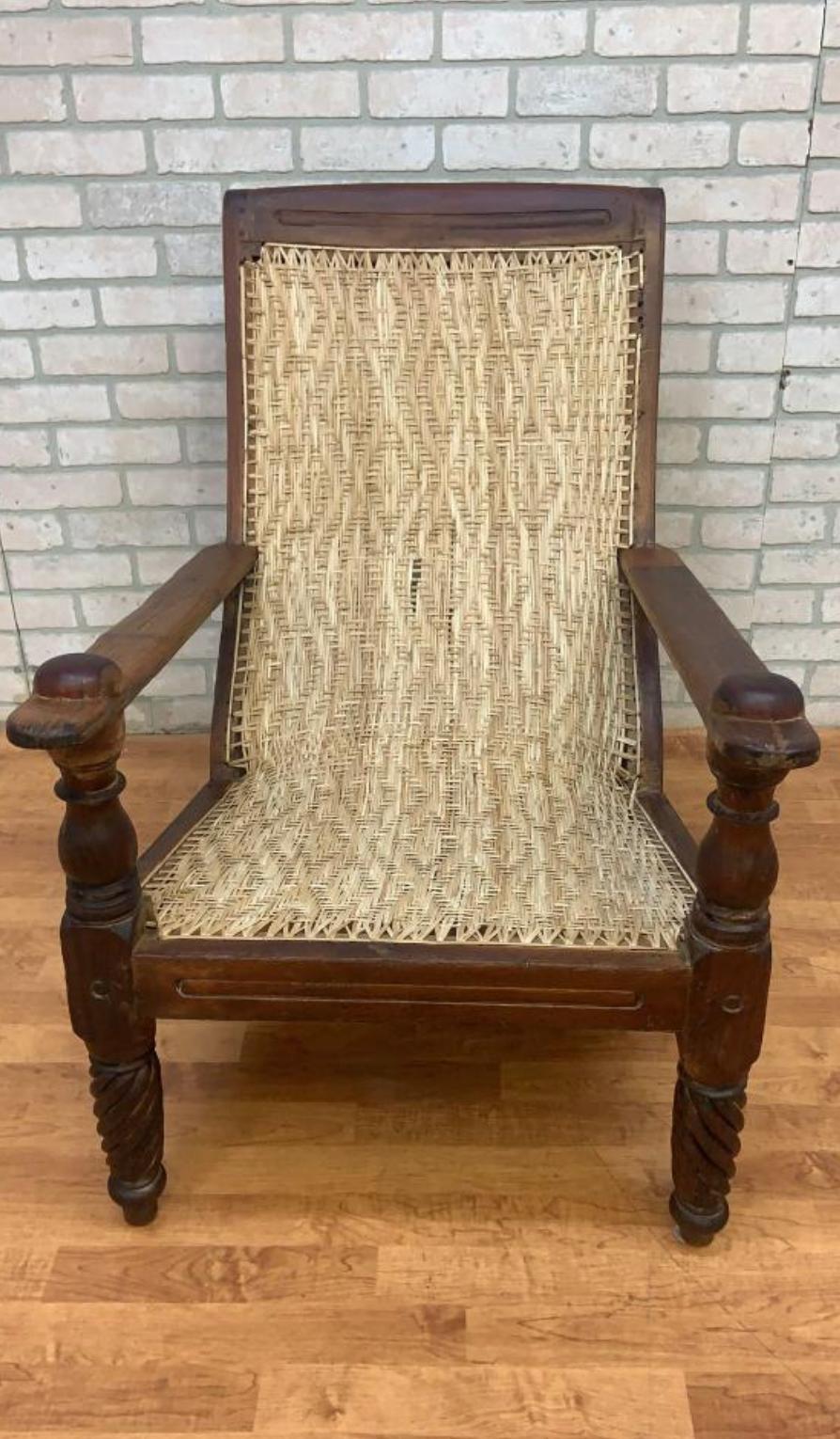 Hand-Carved Antique Woven Back British Colonial Plantation Tea Chair For Sale