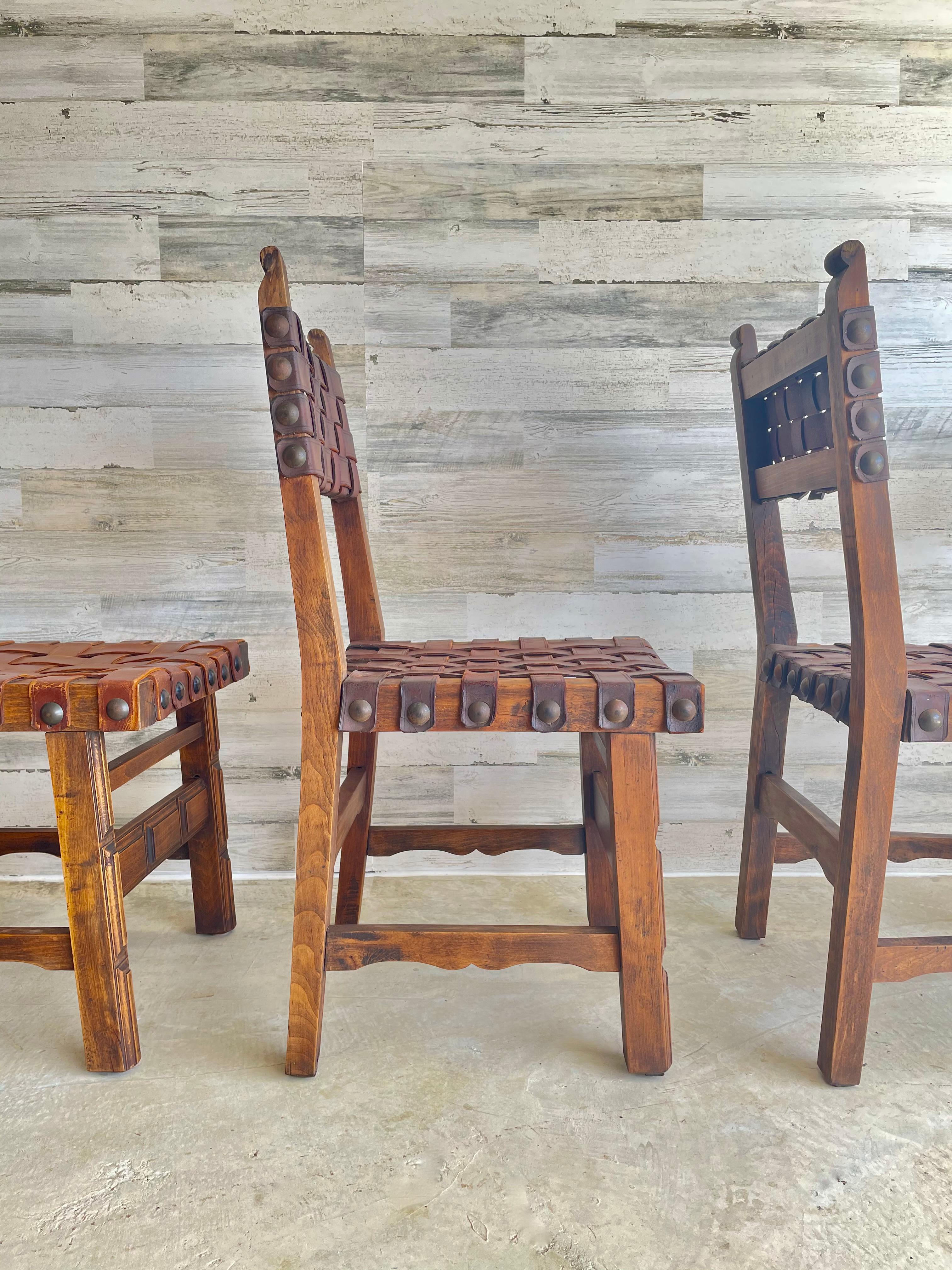Spanish Colonial Antique Woven Belt Strap Leather Dining Chairs