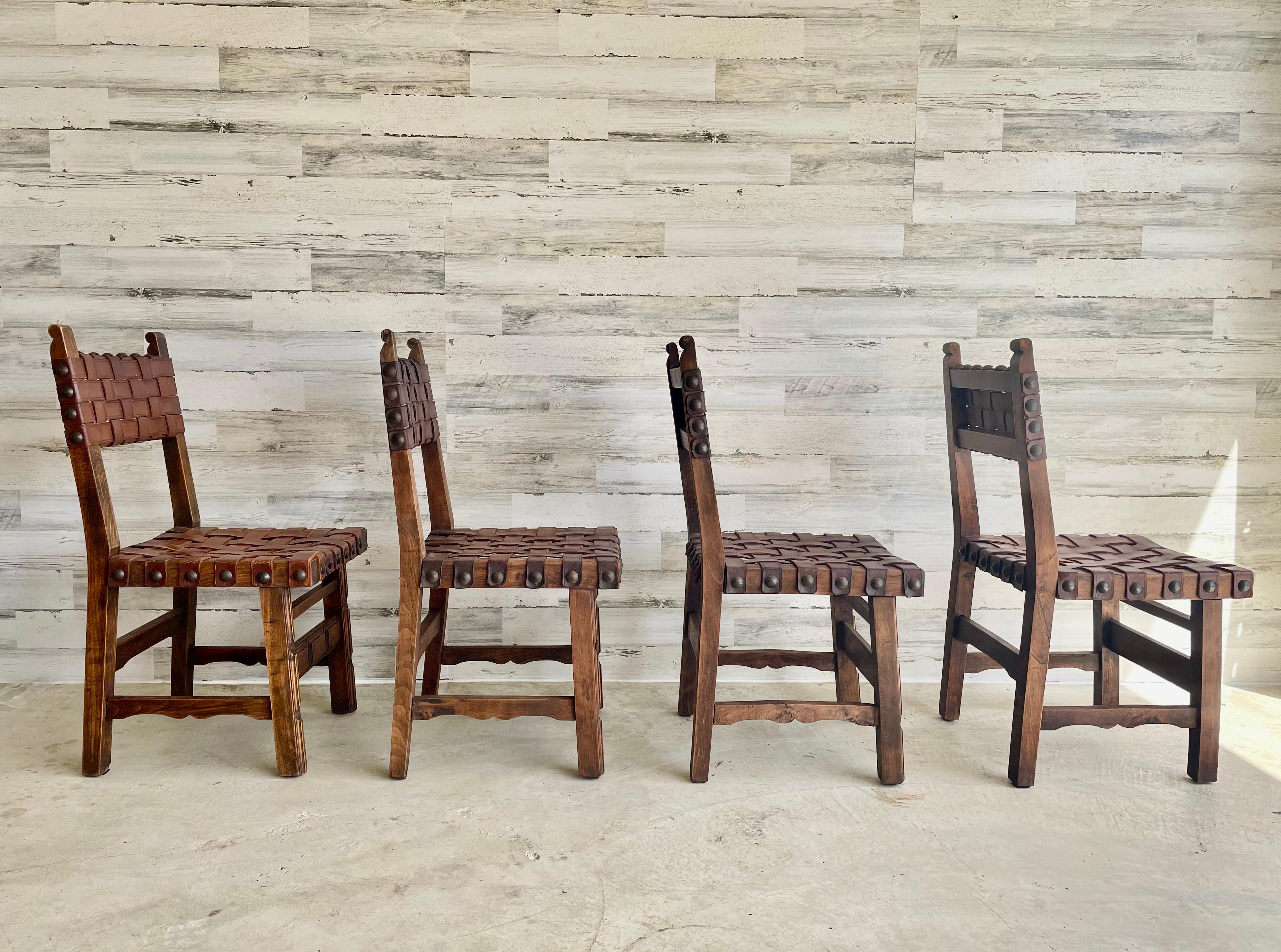 Antique Woven Belt Strap Leather Dining Chairs In Good Condition In Denton, TX